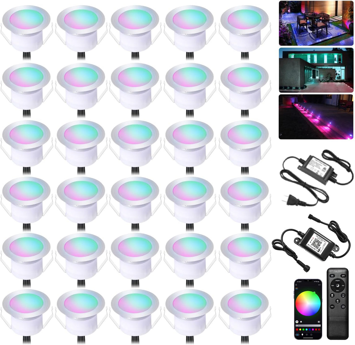 LED Recessed Φ1.22" RGB Deck Lights Outdoor Waterproof 30 pcs with Remote
