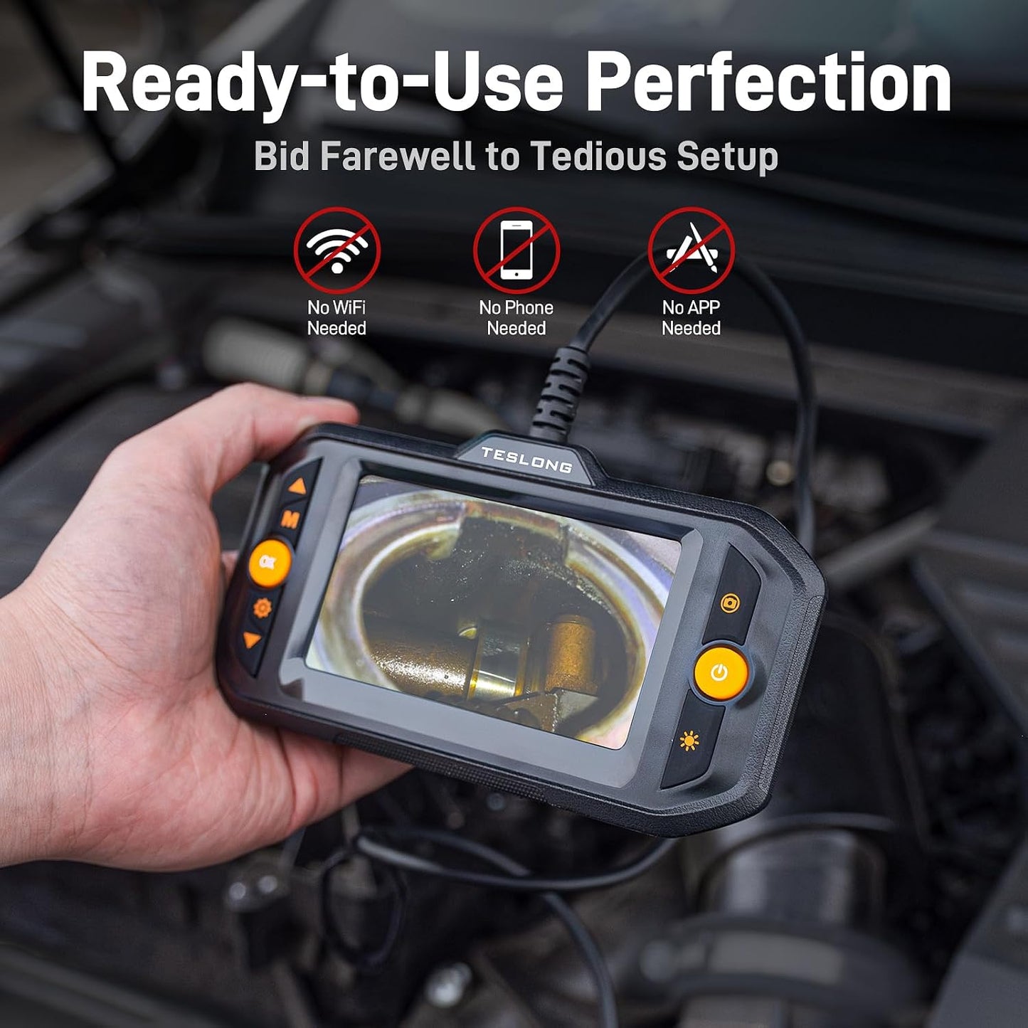 Teslong Borescope Camera with Light for Automotive Mechanic Plumbing Wall | 0.32 inch Endoscope, 16.5FT Cable, 4.3-inch Screen, 8 LED Lights, IP67 Waterproof, 1500mAh Battery, 1.5x Zoom