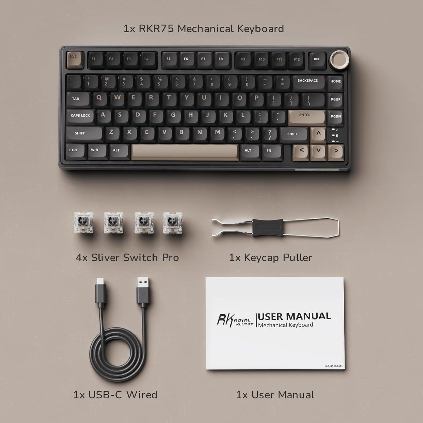 RK ROYAL KLUDGE R75 Wired Mechanical Keyboard with Volume Knob, 75% Mechanical Gaming Keyboard Gasket Mount, Hot Swappable Silver Switch, MDA Profile PBT Keycaps, Creamy Keyboards, Black