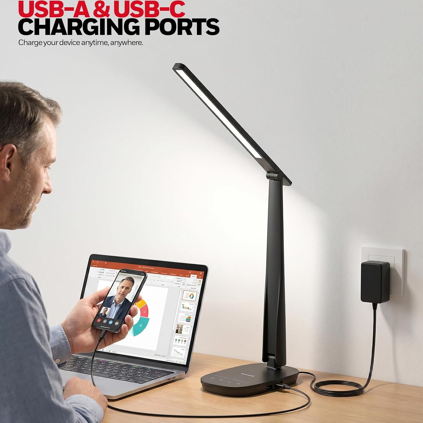 Honeywell LED Desk Lamp for Home Office Eye-Caring Dimmable Reading Light | CRI94,4 Color Modes,Touch Control,USB-A And USB-C Ports,Adjustable Head,Timer,Desk Light for Bedroom Bedside College Dorm