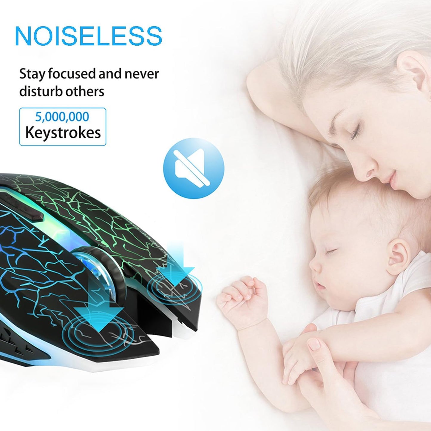 TENMOS M2 Wireless Gaming Mouse, Silent Rechargeable Optical USB Computer Mice Wireless with 7 Color LED Light, Ergonomic Design, 3 Adjustable DPI Compatible with Laptop/PC/Notebook, 6 Buttons (Black)