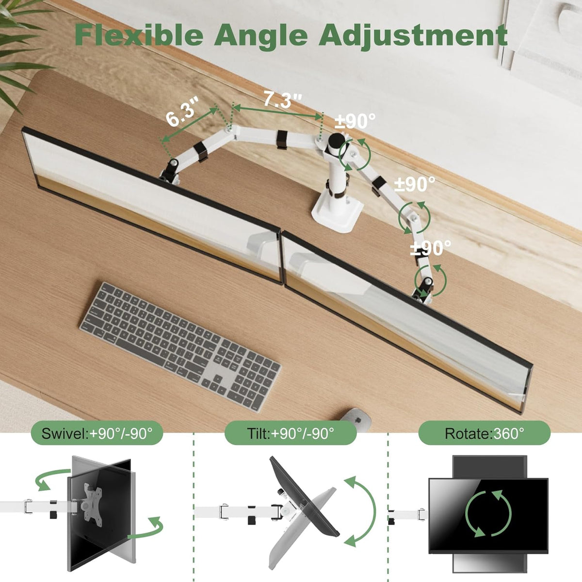 UPGRAVITY White Dual Monitor Mount Stand for Two 17"-32" Screens | Fully Adjustable Dual Monitor Arms Hold up to 17.6lbs, VESA 75x75/100x100mm, C-Clamp/Grommet Base