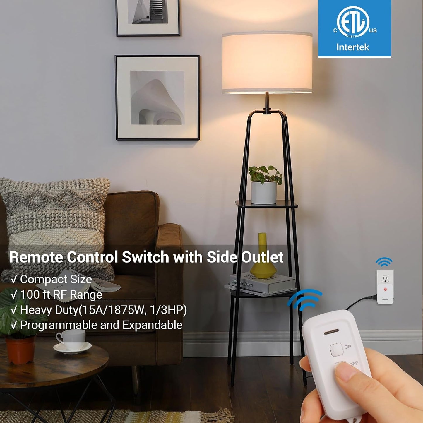 DEWENWILS 2 Side Outlets Remote Control Outlet with 2 Remotes, No Interference Wireless Remote Outlet Light Switch with 2 Outlets, 15A/1875W, 100ft RF Range, Programmable