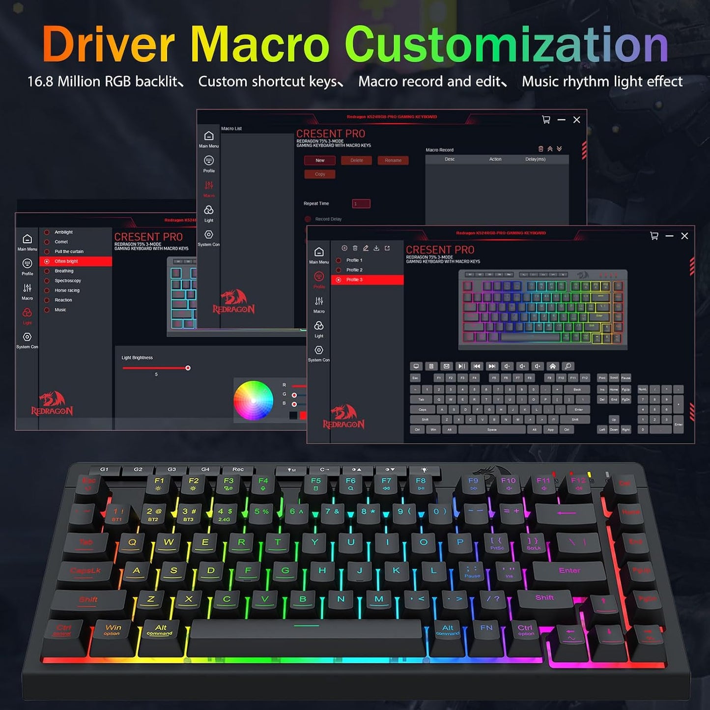 Redragon Wireless Gaming Keyboard, RGB Backlit, Portable 75% Design, Black | Bluetooth/2.4GHz/USB-C Wired, Mini Quiet Macro Membrane Keyboard, Rechargeable 4000mAh Battery, Anti-Ghosting for Win/MAC