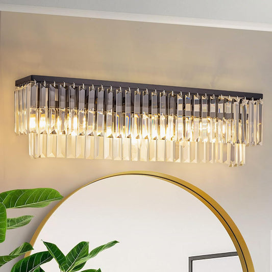 Wellmet 4-Light Bathroom Vanity Light Fixtures, Black Crystal Wall Sconces
