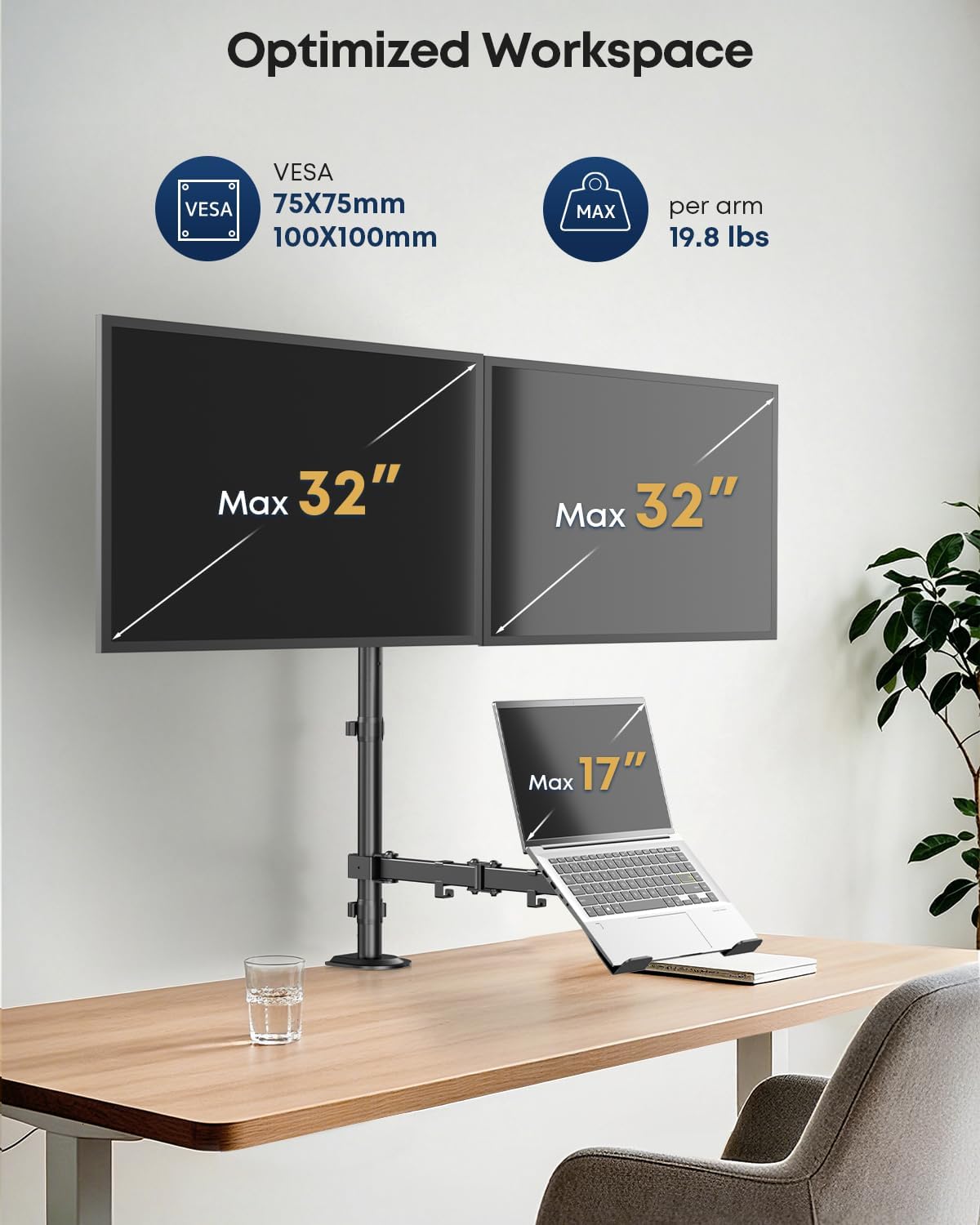 Dual Monitor and Laptop Desk Mount fits 17-32 Inch, Full Motion