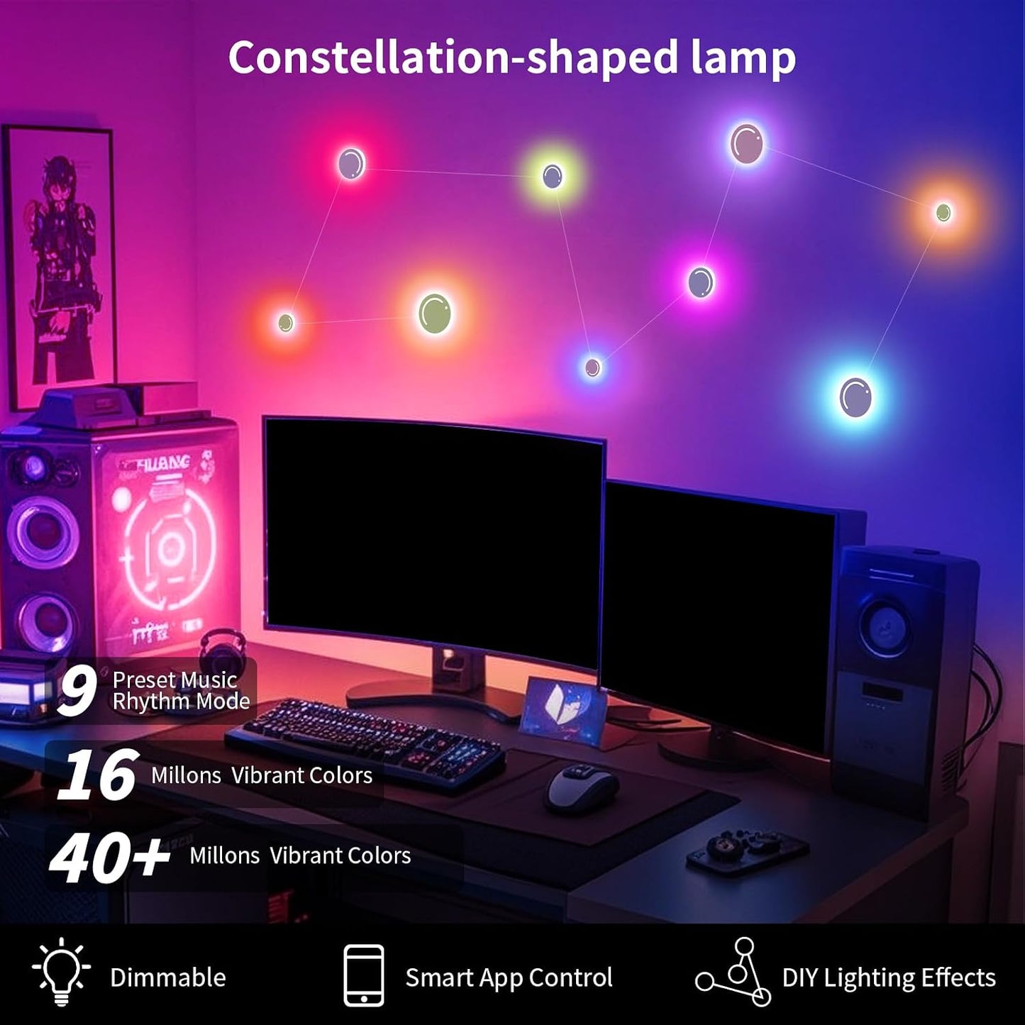 KANTUTOE Smart LED Wall Lights, 9-Piece RGB LED Light with App & Remote Control, TV Backlights, Music Sync, Color-Changing, Ambient Lighting for Gaming, Bedroom, Living Room and Home Decor