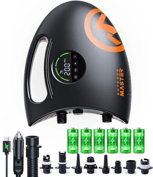OutdoorMaster Shark 2S 88.8Wh Electric Paddle Board Pump Inflate & Deflate | 88.8Wh Rechargeable SUP Air Pump, One Charge for 6 SUPs,12V/15.8V DC Input, Digital Display, 20PSI, Auto-Off, 8 Nozzles