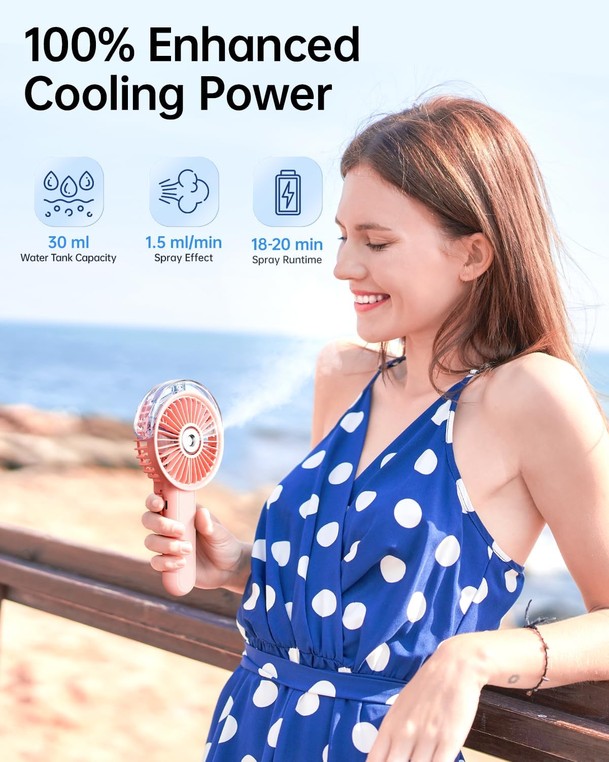 SWEETFULL Portable Misting Fan - 180° Foldable Handheld Personal Fan with Mist Spray, 3 Speeds, 30ml Water Tank, USB Rechargeable for Travel, Outdoors, Makeup, Camping, Home, and Office Use