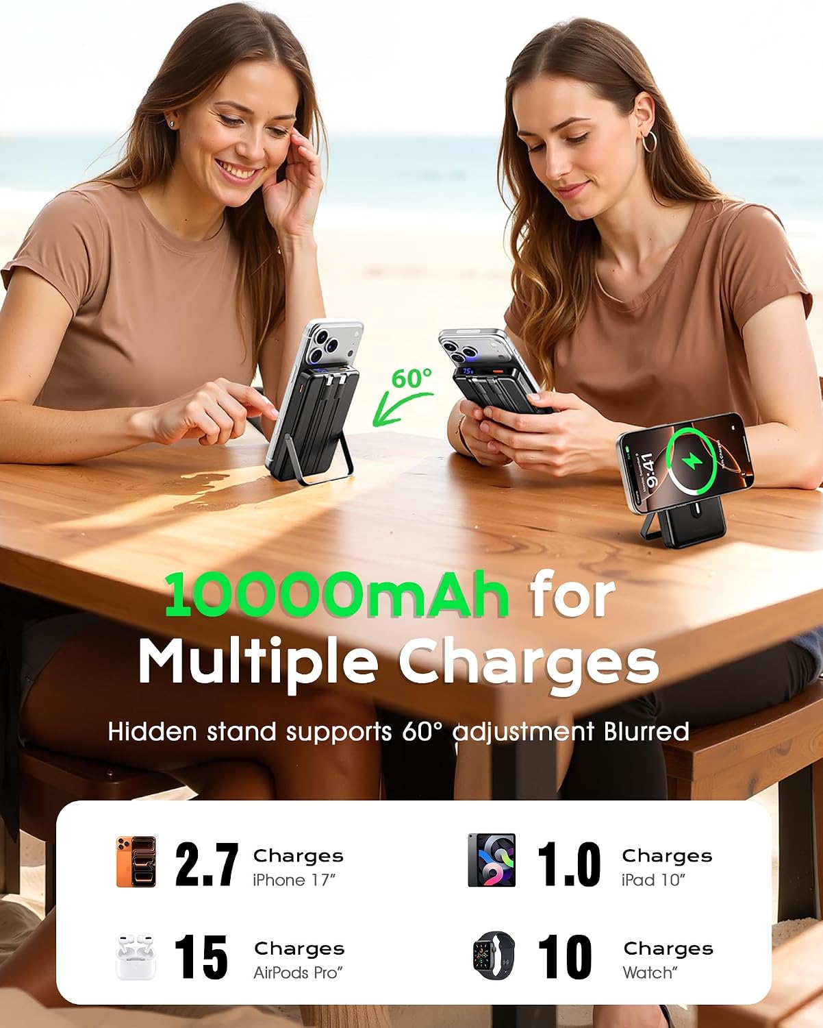 for Magsafe Portable Charger, 10000mAh Power Bank, Dark Black | PD 22.5W Fast Charging with USB-C Cable, Foldable Stand, Magnetic Wireless Charger for iPhone 17/16/15/14/13/12 Series