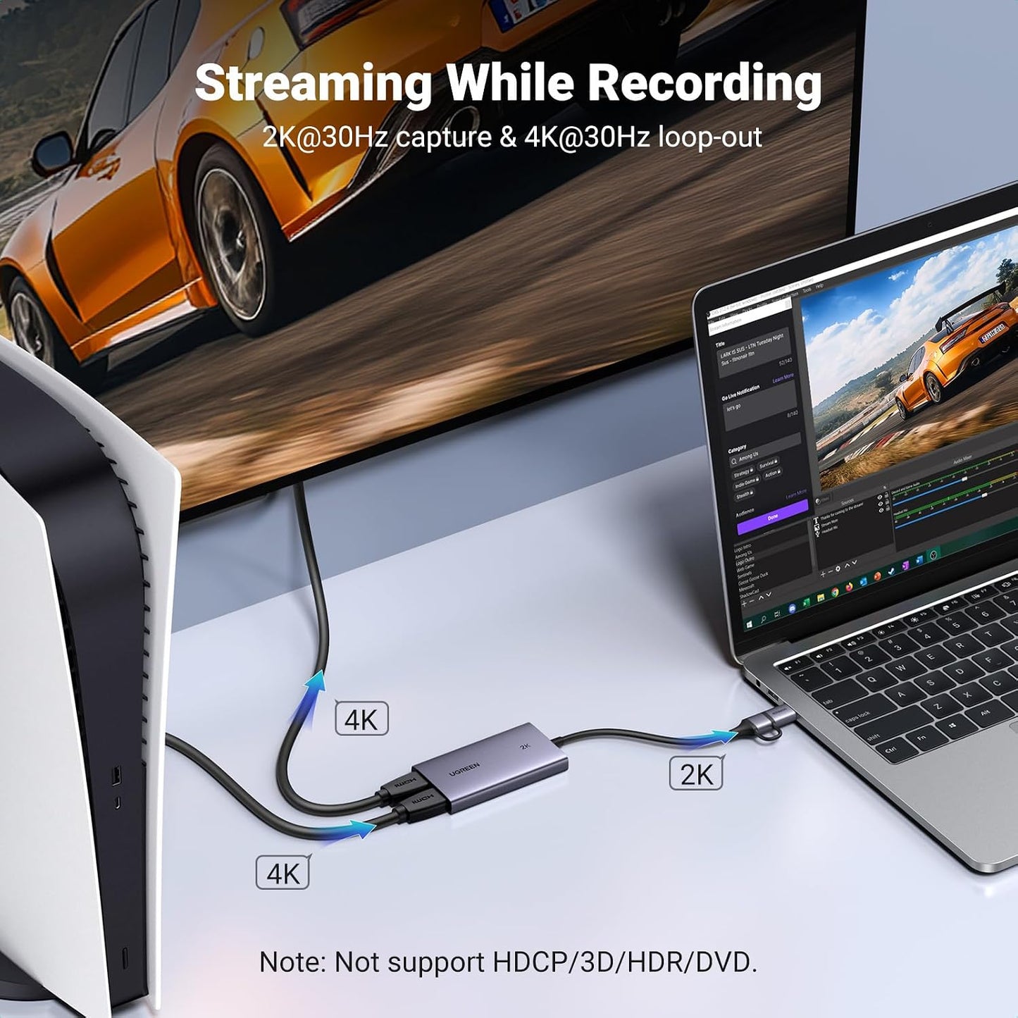 UGREEN 4K@30Hz Loop Out HDMI Capture Card for 2K 30FPS 1080P 60FPS USB 3.0 | 2K@30Hz Record for Video Capture Card for Streaming Gaming with Low Latency Compatible with Switch 2 PS5 Xbox PC Mac