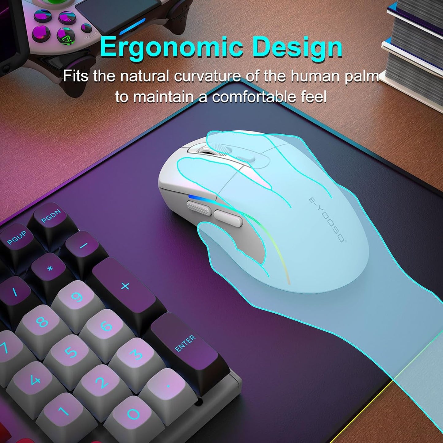 E-YOOSO Wireless Gaming Mouse, 10,000 DPI, Tri-Mode 2.4Ghz/Bluetooth/USB-C Wired, RGB Backlit, 6 Programmable Buttons, Ergonomic Rechargeable Gamer Mice with PC, Mac, PS, Xbox - White