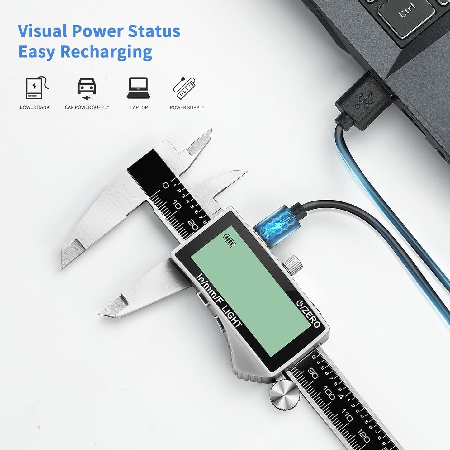 Digital Caliper, Rechargeable Calipers Measuring Tool with Large LCD Backlight Screen, 6 Inch Stainless Steel Vernier Micrometer, Auto-Off, Easy Switch from Inch Metric Fraction for DIY/Household
