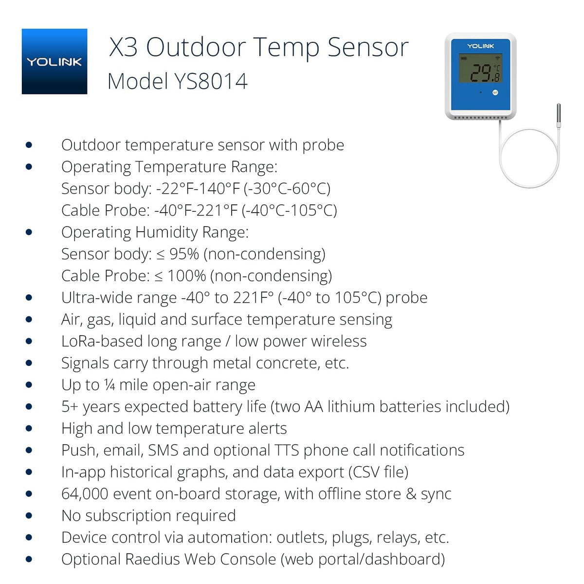 YoLink Smart X3 Version Outdoor Temperature Data Logger with Probe, Thermometer, 1/4 Mile Range, 5+ Years Battery Life, Emails, Text, App Alerts, Alexa, IFTTT. Pool, Hot Tub, Fish Tank. Hub Required!