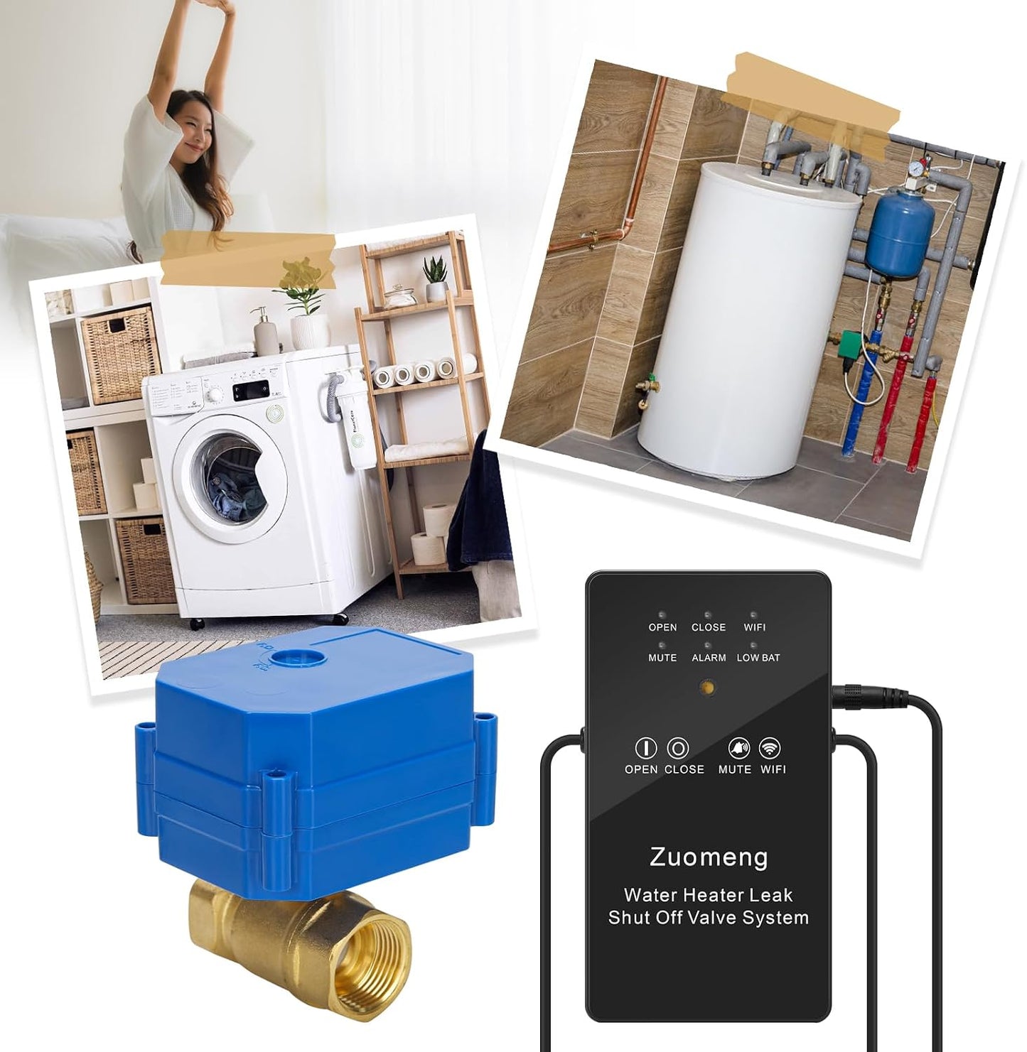 WiFi Water Leak Detector with Automatic Shutoff Valve，Zuomeng Smart Water Heater Remote Stop Device with Leak Sensor, Leakage Alert Push, 3/4" NPT 150PSI Brass Valve, Get Rid of Water Leakage