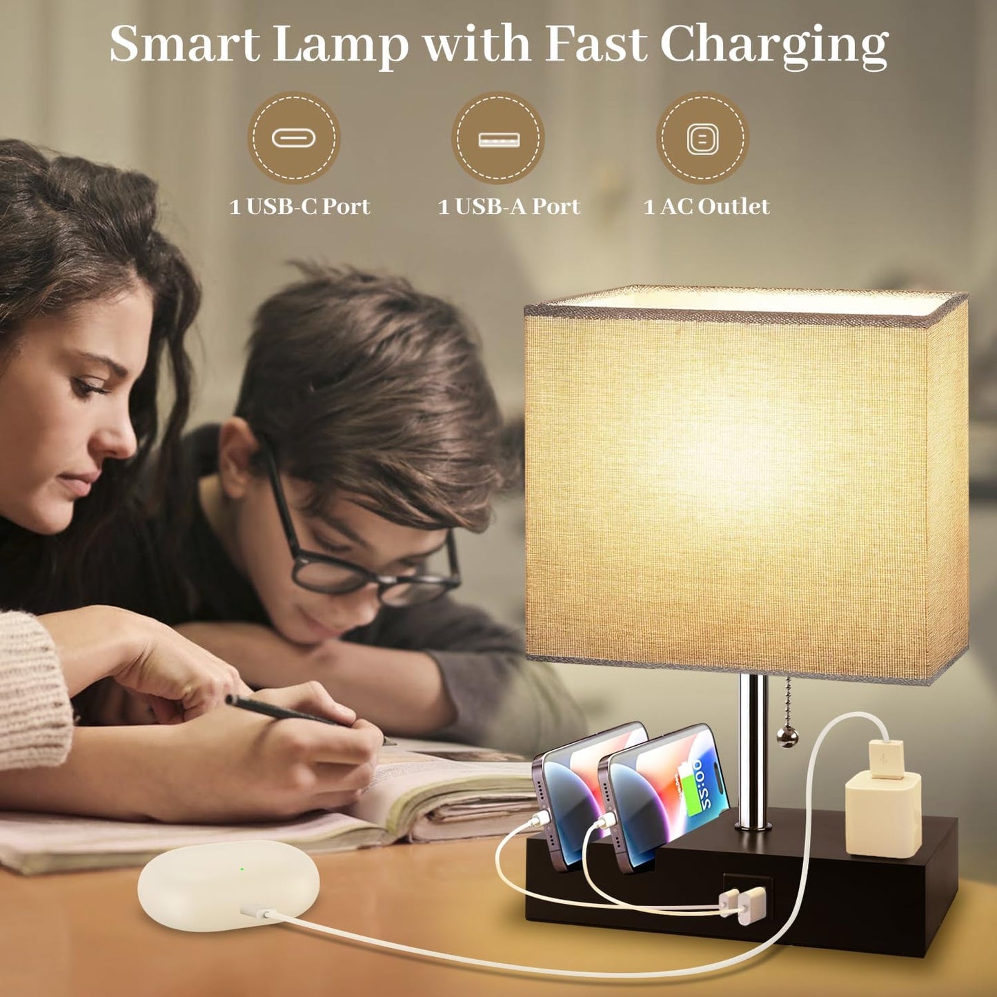 Smart RGB Dimmable Table Lamp Work with Alexa&APP&Remote Control, Gray | Bedside Desk Lamp with Charging Ports&Outlet&Phone Stand, Music Sync Nightstand Lamp for Bedroom Living Room Office Dorm