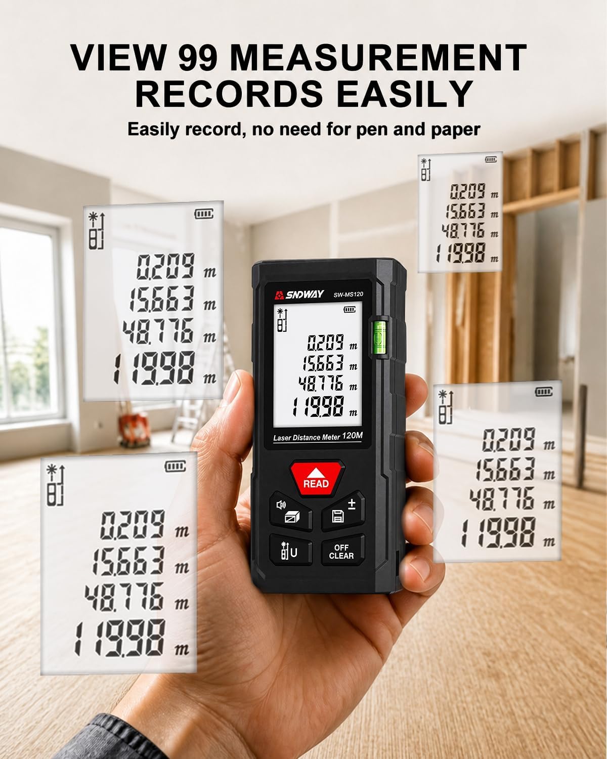 SNDWAY Laser Measuring Tool 393Ft with Bubble Levels and ±1/16" Accuracy | 2.0" Backlit Display, Area Measurement,Volume and Pythagoras for Indoor&Outdoor