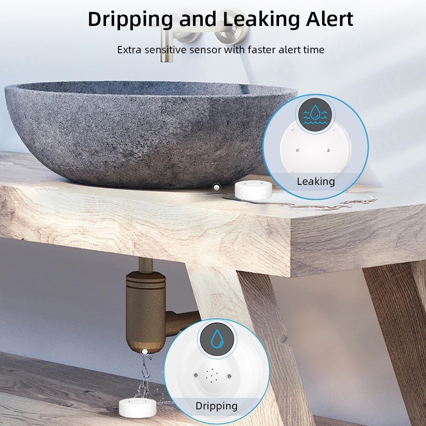 WiFi Water Ieak Detector: Smart Water Ieak Sensor with 80dB Alarm and App Alerts, Wireless Water Sensor with App Remote Control, Water Alarm for Home, Laundry, Kitchen, Basement