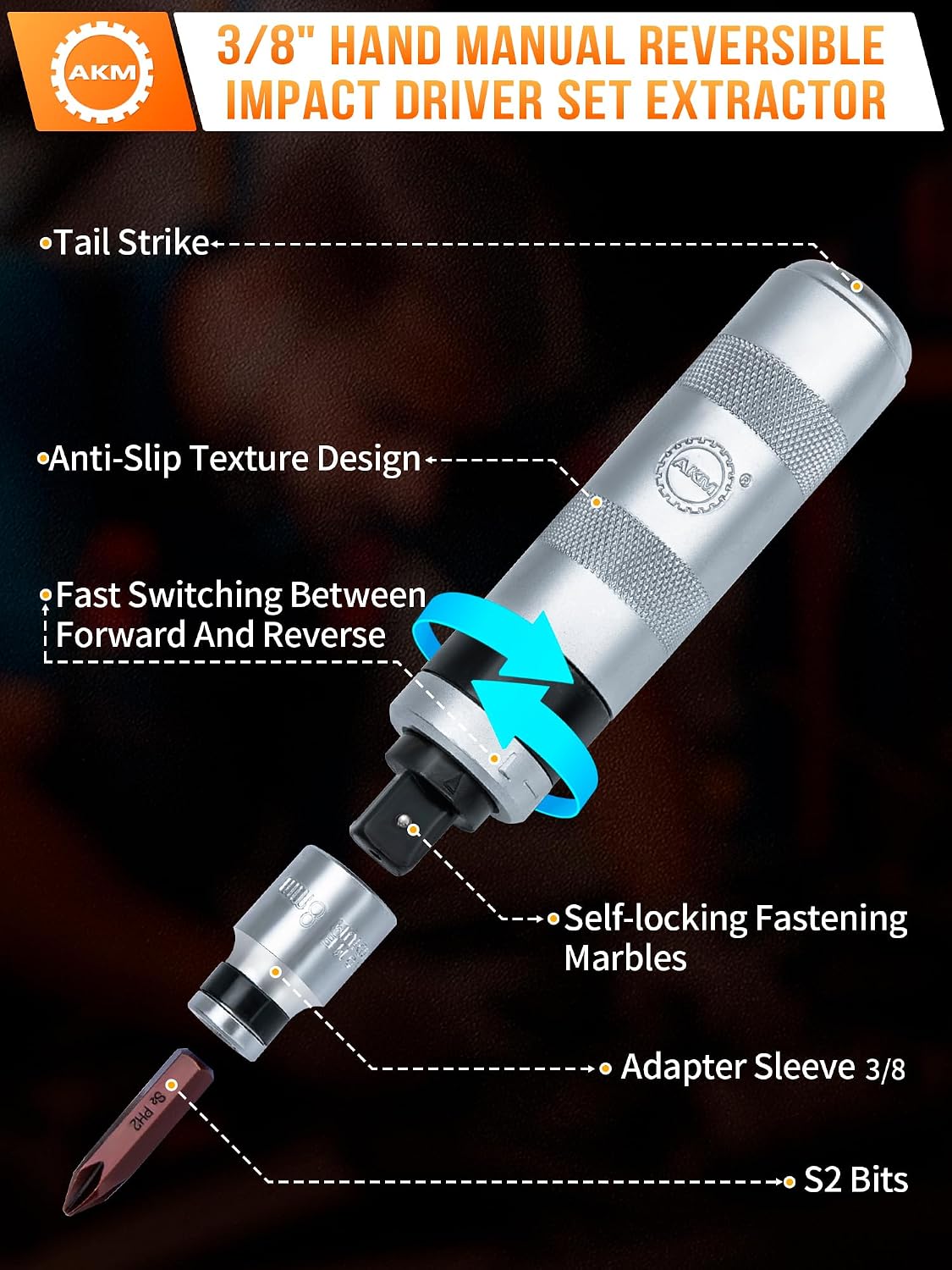 3/8" Hand Manual Reversible Impact Driver Set Extractor Impact Screwdriver S2 Steel Much More Durable Disengage Rusted Fasteners or Frozen Bolts