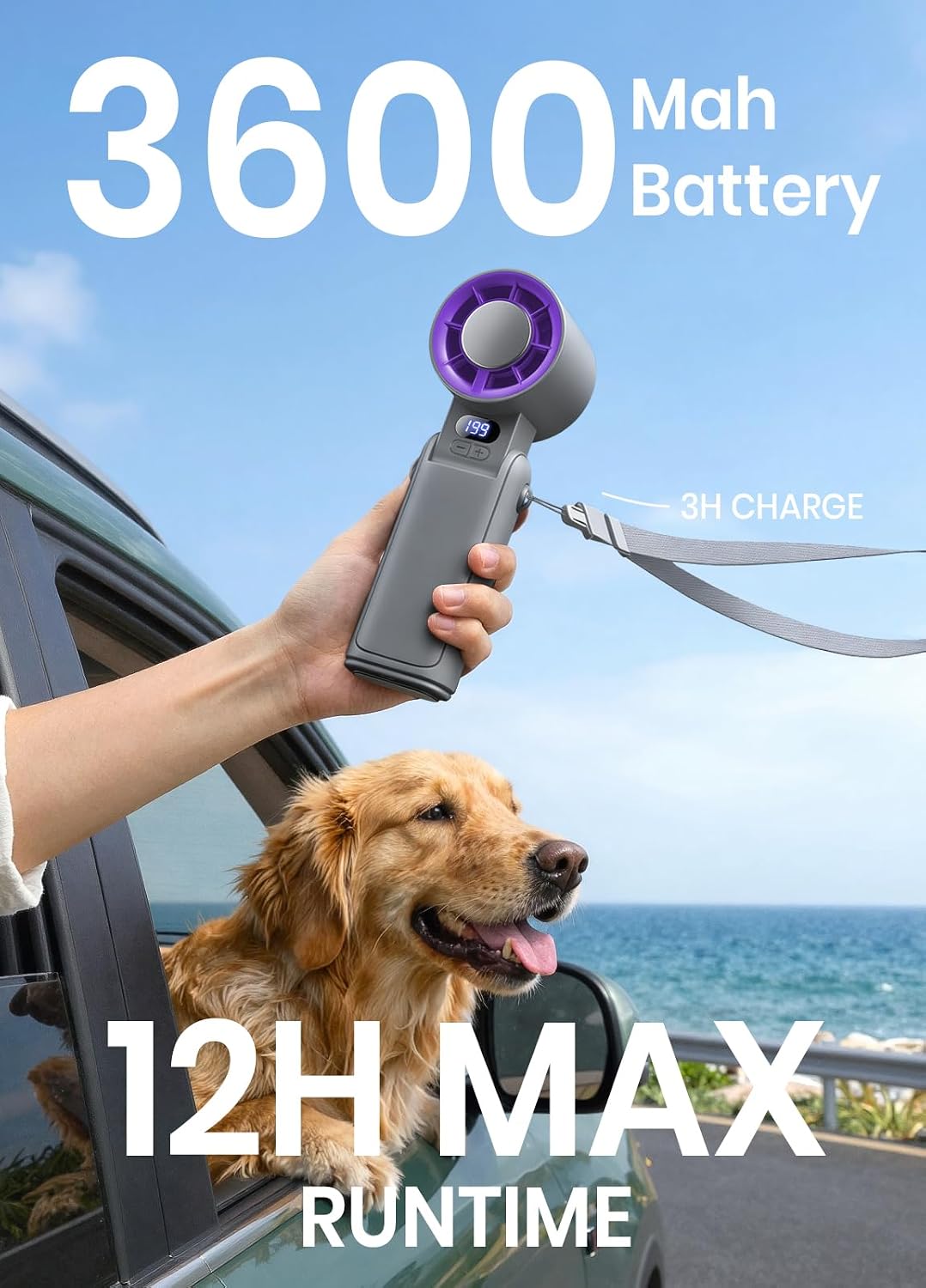 Portable Handheld Turbo Fan, 1-199 Speed Adjustable, Grey Purple | 4 IN 1 Pocket Design with LED Display, High-Power Motor, Rechargeable Battery, Mini Fans for Indoor/Outdoor/Travel/Work
