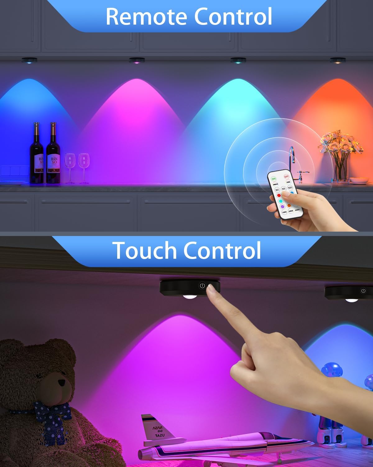WILLED Rechargeable RGB Puck Lights with Remote Control, 1200mAh Battery Operated Tap Lights, Dimmable Touch Under Cabinet Lighting, Wireless Push Light, LED USB Shelf Light (6 Pack)