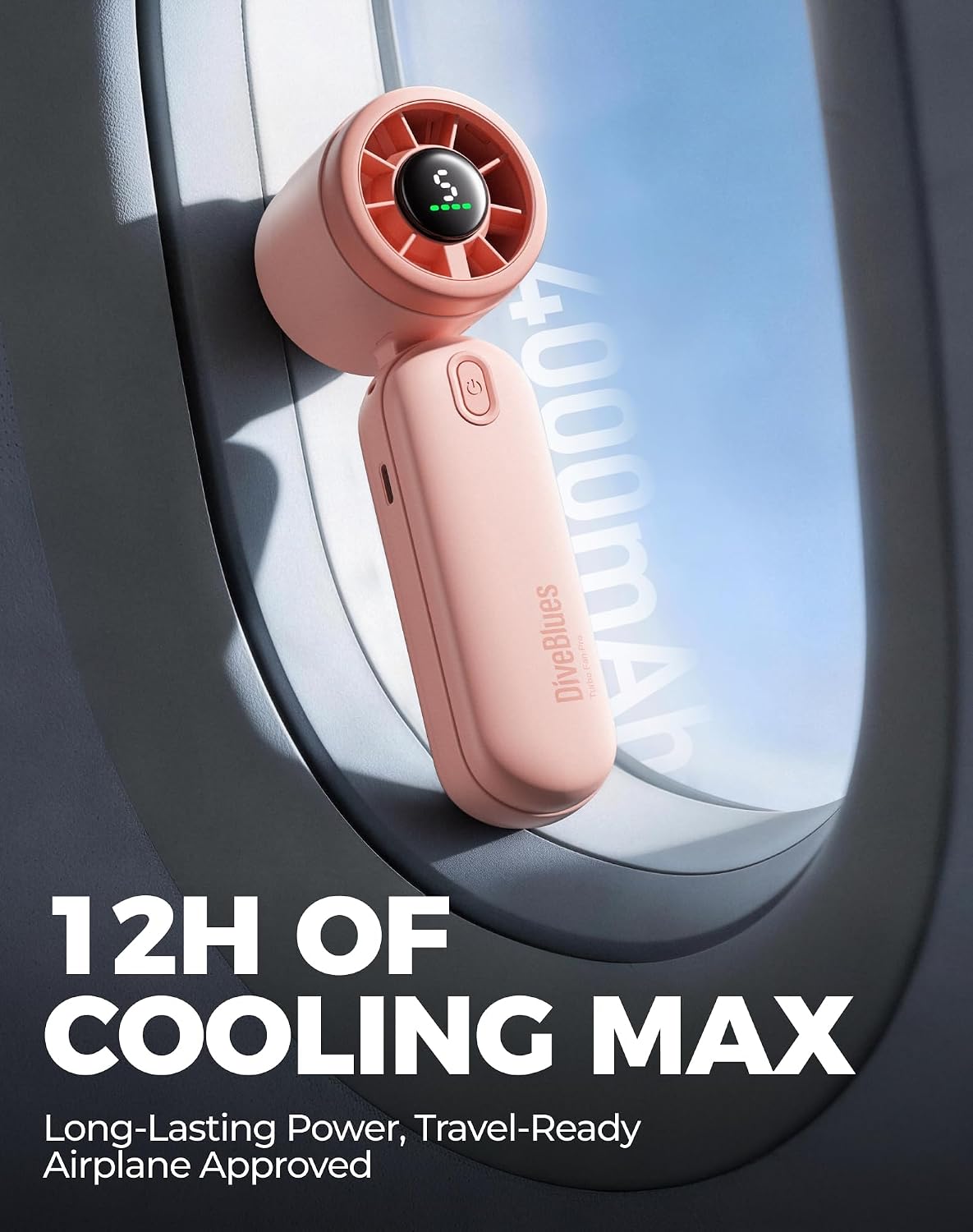 Diveblues Mini Portable Handheld Turbo Fan 27ft/s, 4000mAh Battery | 12H Max Cooling, 5 Speeds, LED Display, Quiet Motor, 3-in-1 Handheld/Neck/Desk Fan for Travel, Cruise & Disney Essentials