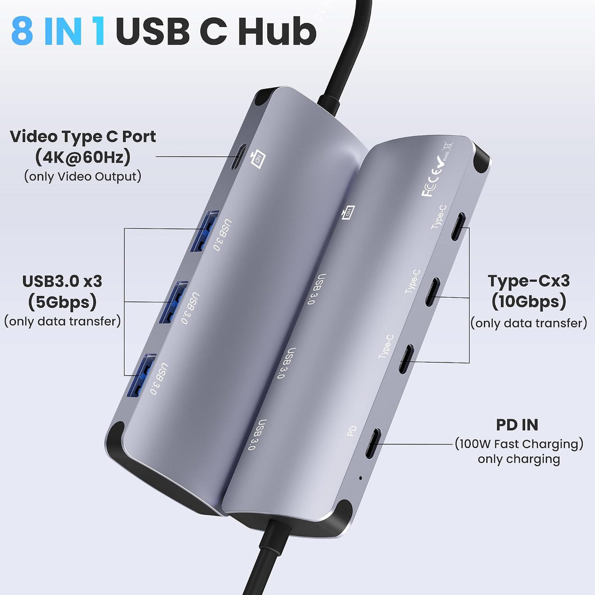 8 in 1 USB C Hub 10Gbps, USB C Splitter with 4K@60Hz Video Output, 100W PD Charging & Data Transfer, Multiport USB C Adapter for MacBook Pro/Air, iPad Pro, More USB C Devices