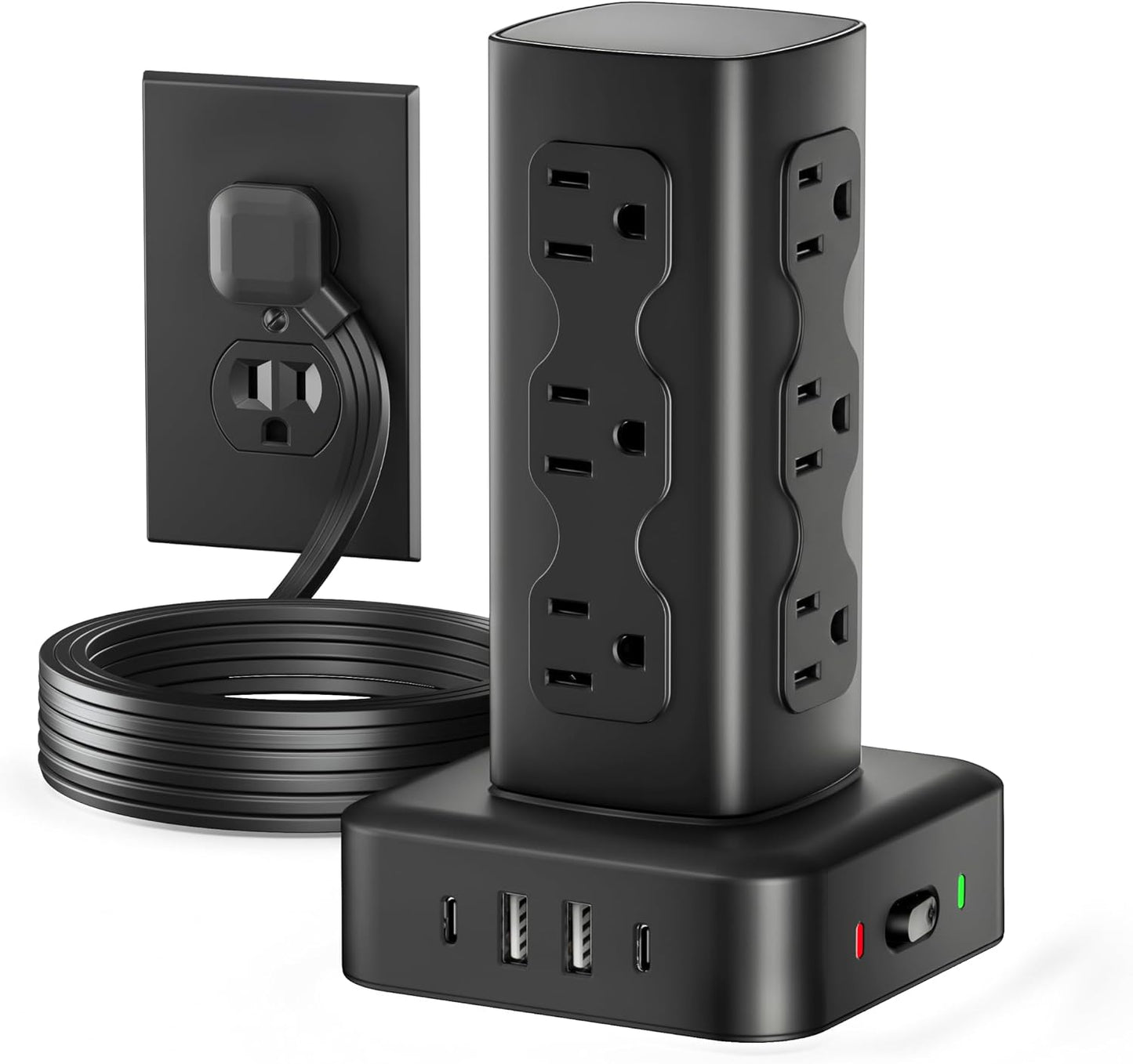 Power Strip Tower Surge Protector(2000J), Flat Plug Charging Station Tower with 12 AC Outlets & 4 USB Ports(2 USB C), 6FT Extension Cord for Home Office Dorm, White