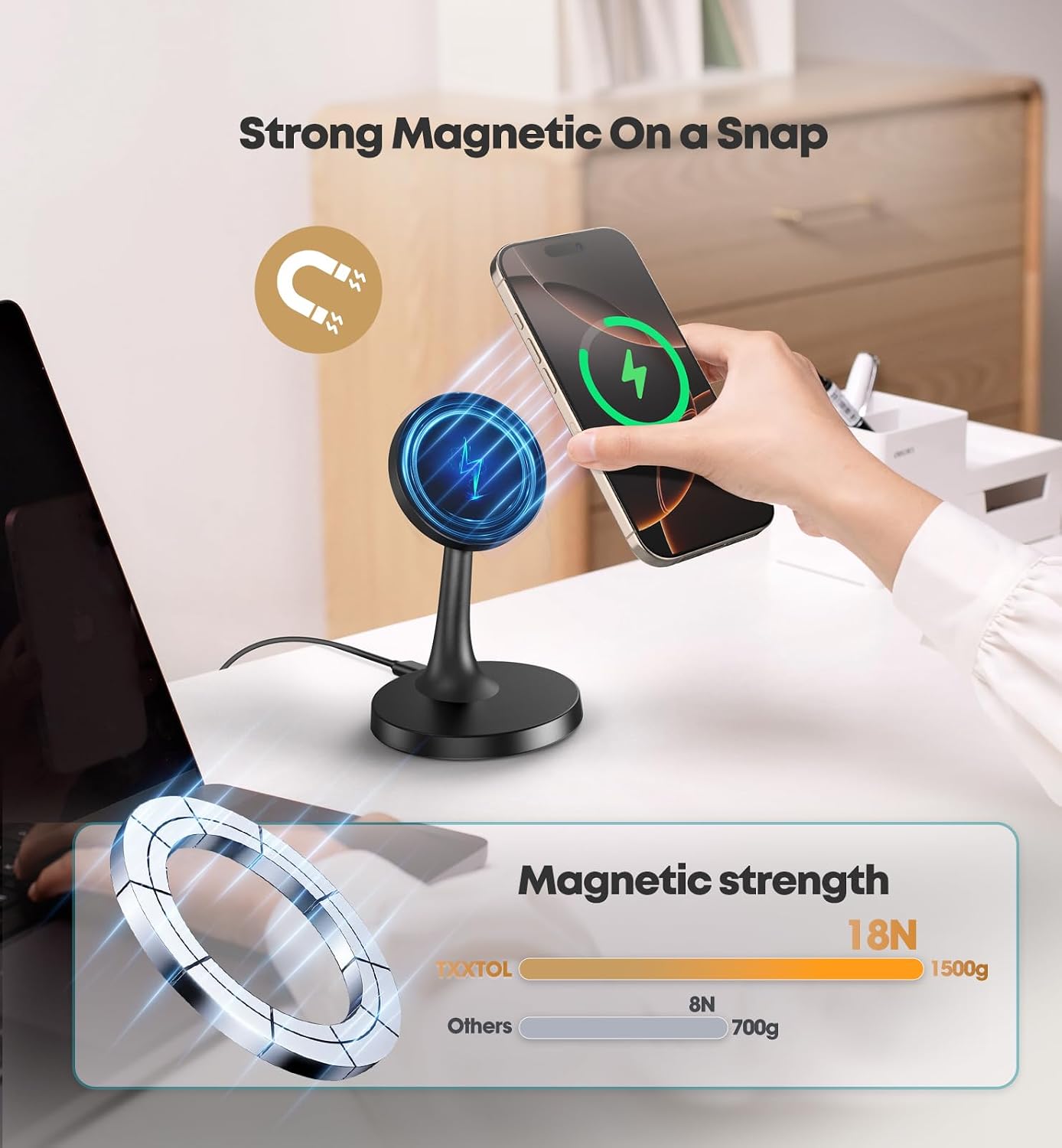 Magnetic Wireless Charger iPhone Stand 15W Fast Mag-Safe Charger for iPhone 17/17 Pro/17 Air/17 Pro Max 16/15/14/13/12 Series Apple Magnet Wireless Charging Station/Pad for AirPods