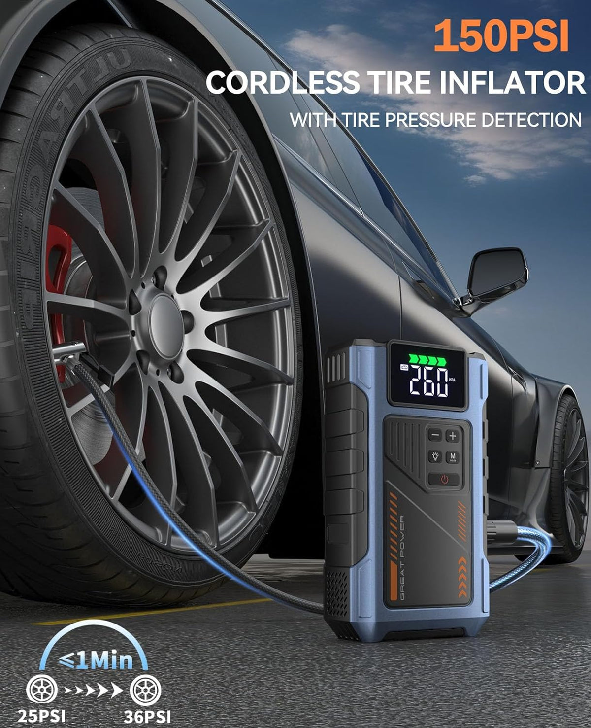 Car Battery Charger Jump Starter with Air Compressor, 4500A Jump Box for Car Battery Portable Jumper Cables with Battery Pack, 12V Jumpstart Combo 150PSI Tire Inflator Air Pump (8.5L Gas/7.0L Diesel)