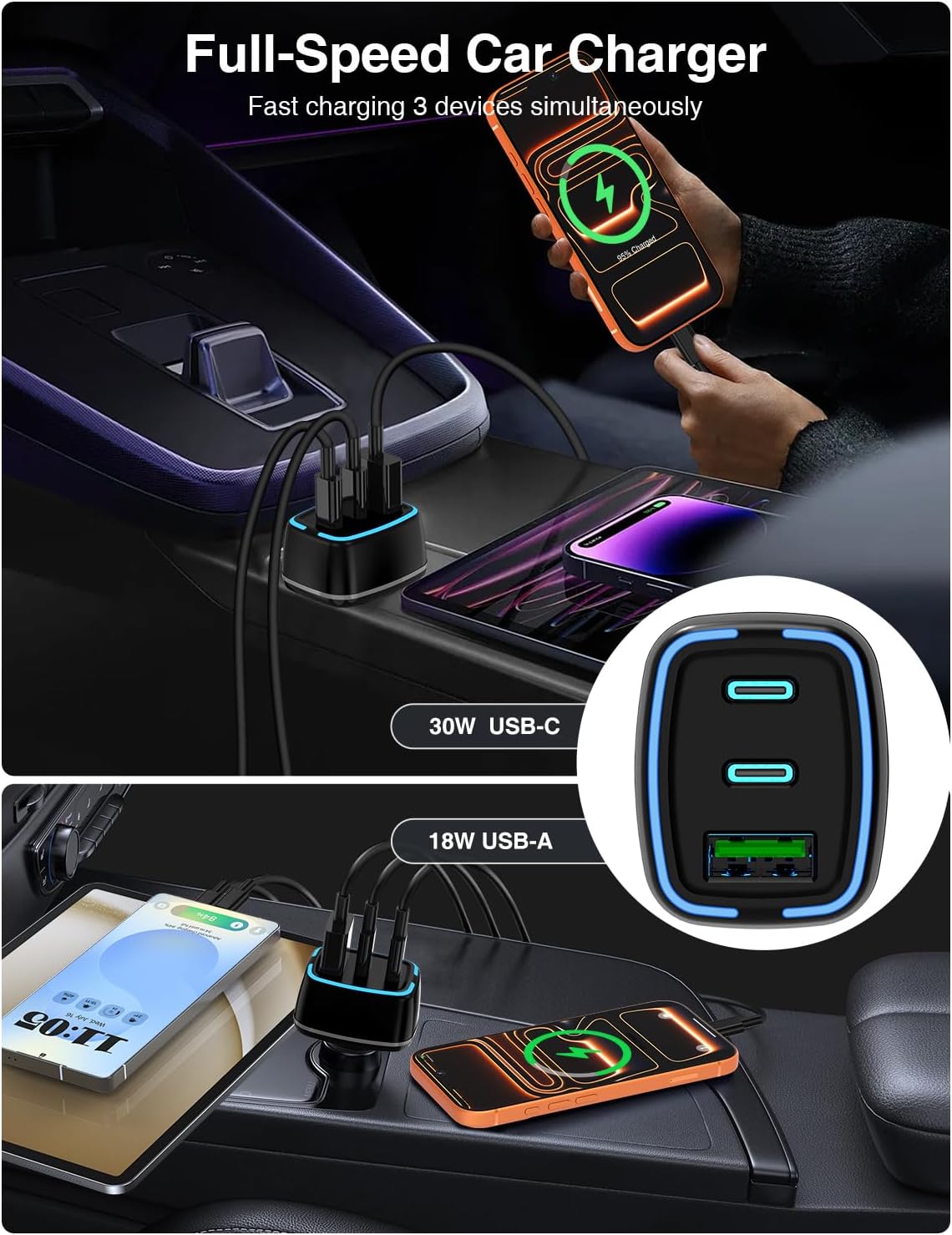 75W USB C Car Charger, 3-Port Super Fast Charging Cigarette Lighte | PD/QC 3.0 Car Cigarette Lighter Adapter for iPhone17/16/15 Pro Max & Samsung Galaxy S26/S25, with 4Pack 3/6.6FT Type-C Cables