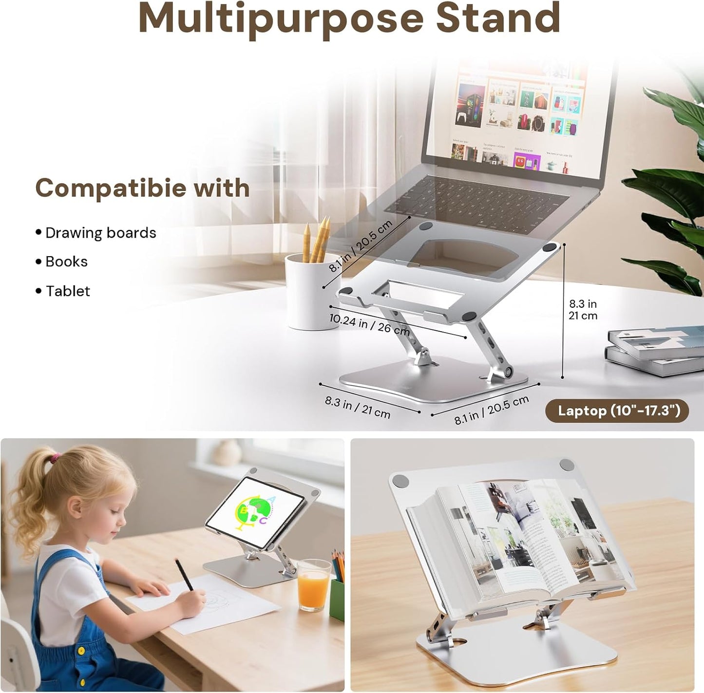 Laptop Stand for Desk – 2.5mm Aluminum Ergonomic Riser, Adjustable Height & Angle, Sturdy Yet Lightweight, Fits 10-17.3 Inch MacBook Pro/Air, Dell XPS, HP,Silver.