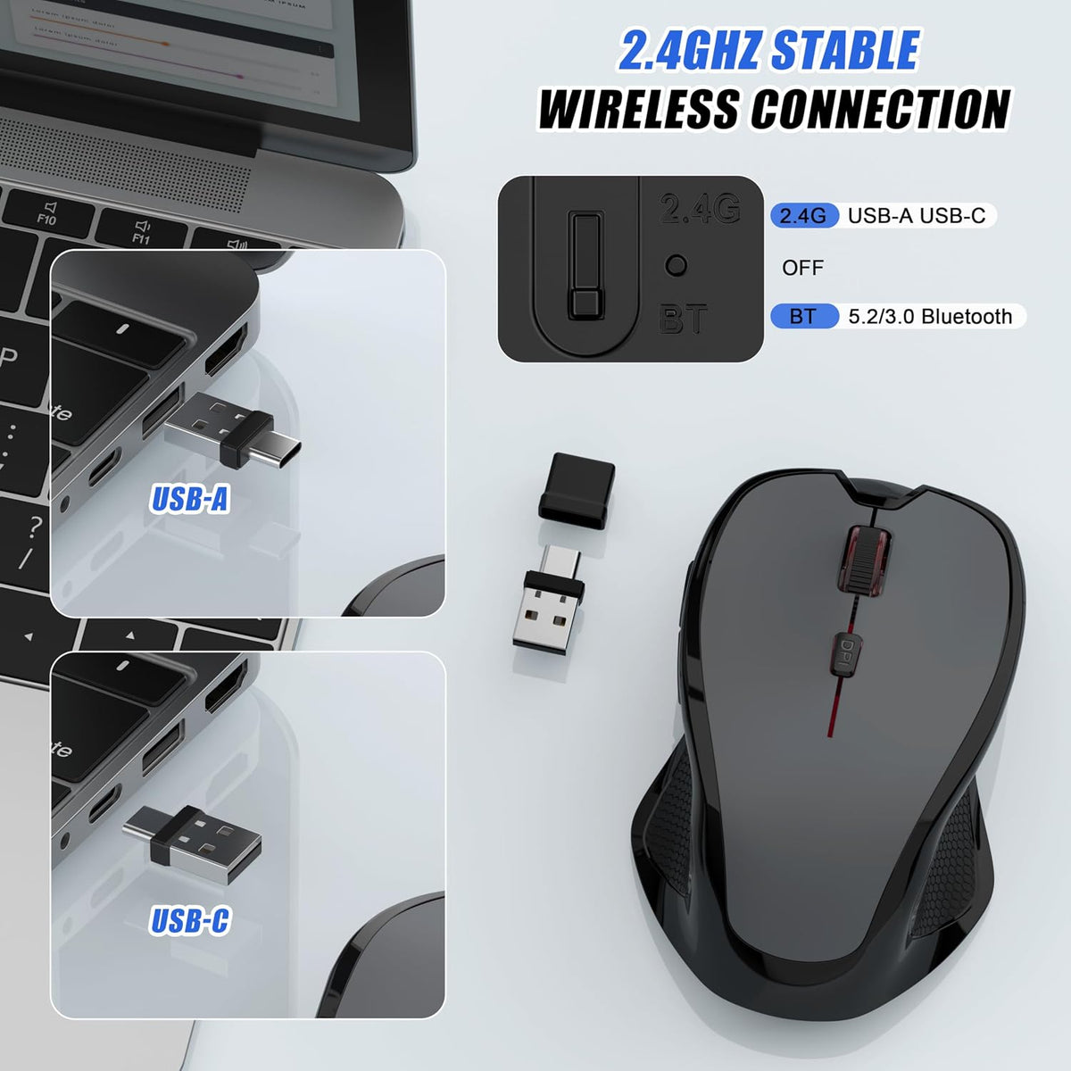 Bluetooth Wireless Laptop Mouse for MacBook Air Pro iPad Mac, Ergonomic Rechargeable Mouse with Jiggler Mode, 2 Mode Bluetooth & 2.4G USB-A/USB-C Receiver, Silent Optical Computer Mice, Grey