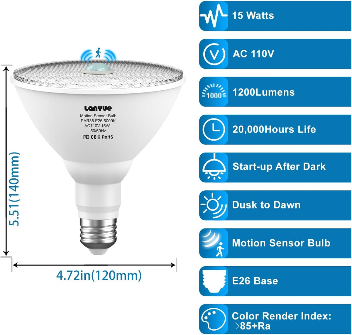 Motion Sensor Light Bulbs, Dusk to Dawn Outdoor Lighting, PAR38 Led Motion Sensor Flood Light 100 Watt Equivalent(15W), 6000K Daylight, Waterproof Outdoor/Indoor,(4 Pack)