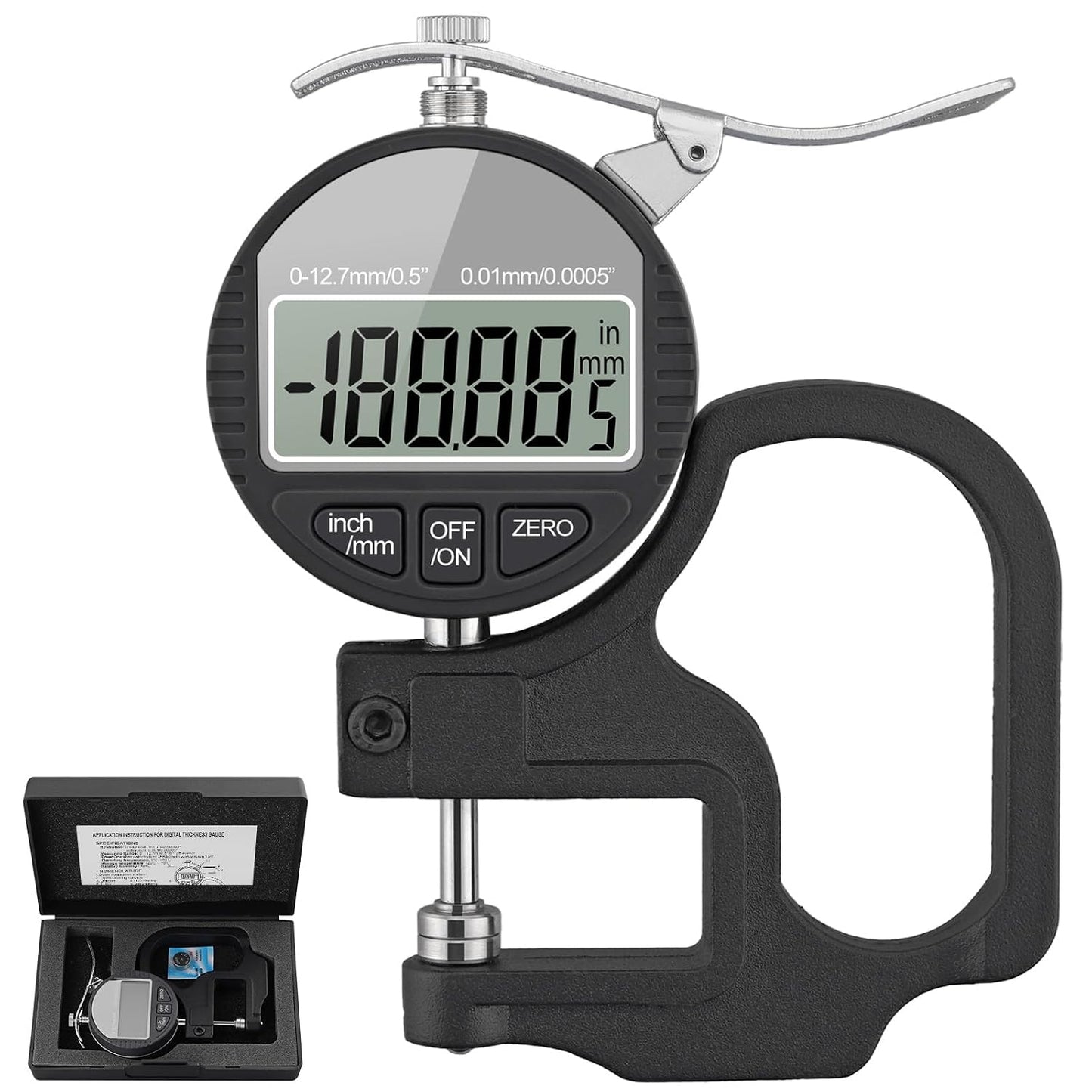 Neoteck Digital Thickness Gauge 0.5inch/12.7mm,0.0005inch/0.01mm Accuracy | with LCD Display, Inch/MM Conversion ,One-Hand Quick Press Thickness Measuring Tool for Leather Paper Fabric Film -Grey