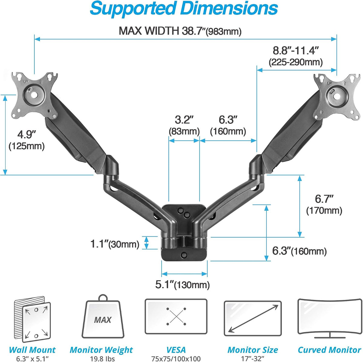 AVLT Dual 17"-32" Monitor Wall Mount fits Two Flat/Curved Computer Screen