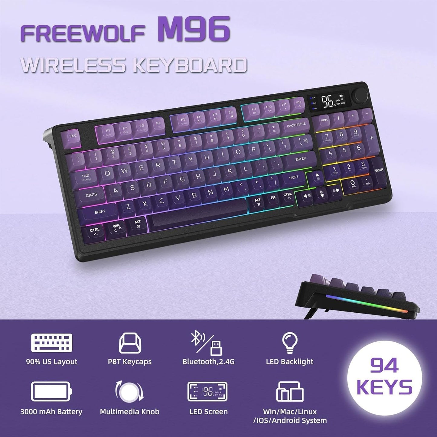 Free wolf M96 Wireless Gaming Keyboard Creamy Membrane 94Key ANSI-Purple | Rainbow Backlight,Media Knob,LCD Screen,Dual Mode-Bluetooth/2.4Ghz,Ball Shape PBT Keycap,3000mAh battery for Win Mac PC Gamer