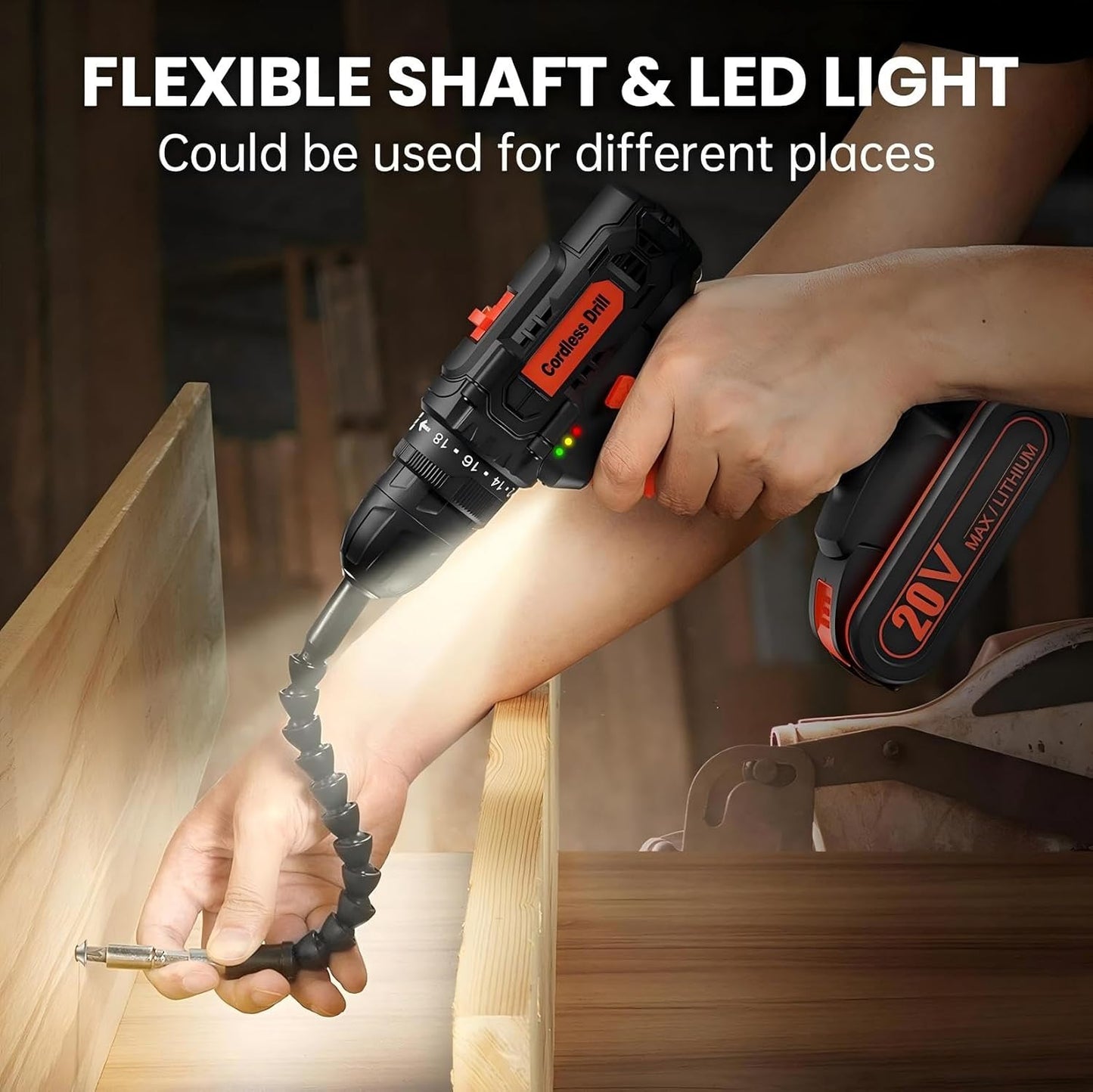 20V Cordless Drill Driver Set, Electric Power Screwdriver Drill with 2.0Ah Battery, 3/8" Keyless Chuck, 18+1 Torque Settings, 2 Speed, LED Light, 42PCS Accessory Kit