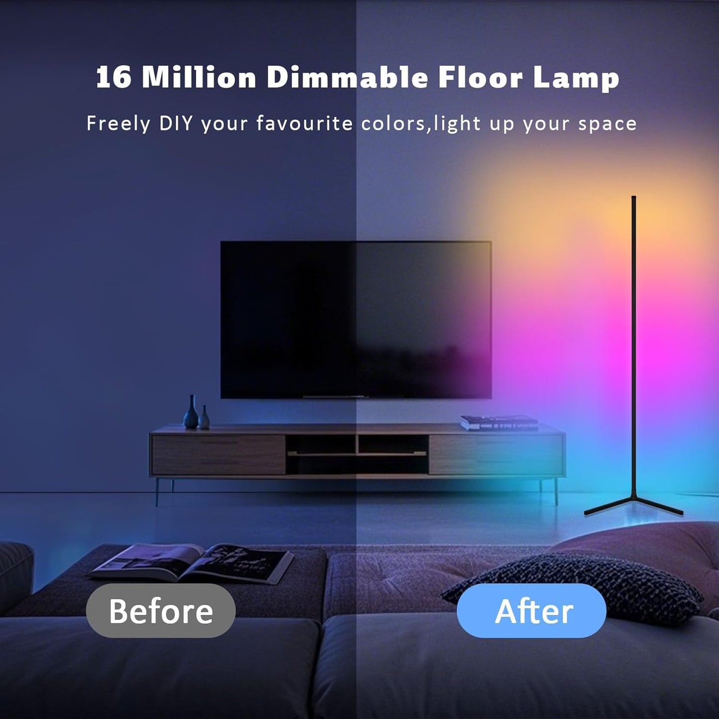 Tyute LED Corner Floor Lamp, 68+ Scenes, 16 Million Colors Corner Light with App & Remote Control, Smart RGB Ambient Lighting with Music Sync, Mood Lighting for Bedroom, Living Room, Gaming Room