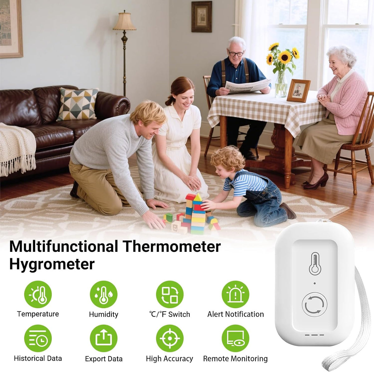 Remote WiFi Thermometer Hygrometer Sensor, App Alert, Data Log for Home | No display; app only.Smart Humidity Temperature Sensor with Data Storage. For nursery, greenhouse, humidor & wine cellar.