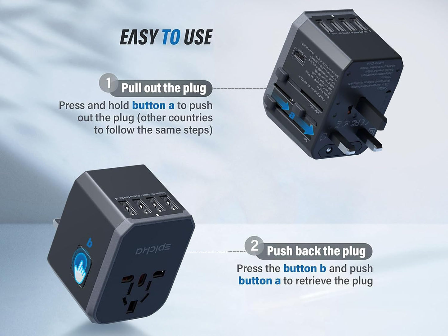 EPICKA Universal Travel Adapter with 1AC/1 USB-C/4 USB-A Ports | Travel Plug Adapter for EU/US/UK/AUS, Supports Charging for Multi-Device, Not A Voltage Converter, TA-105, Grey