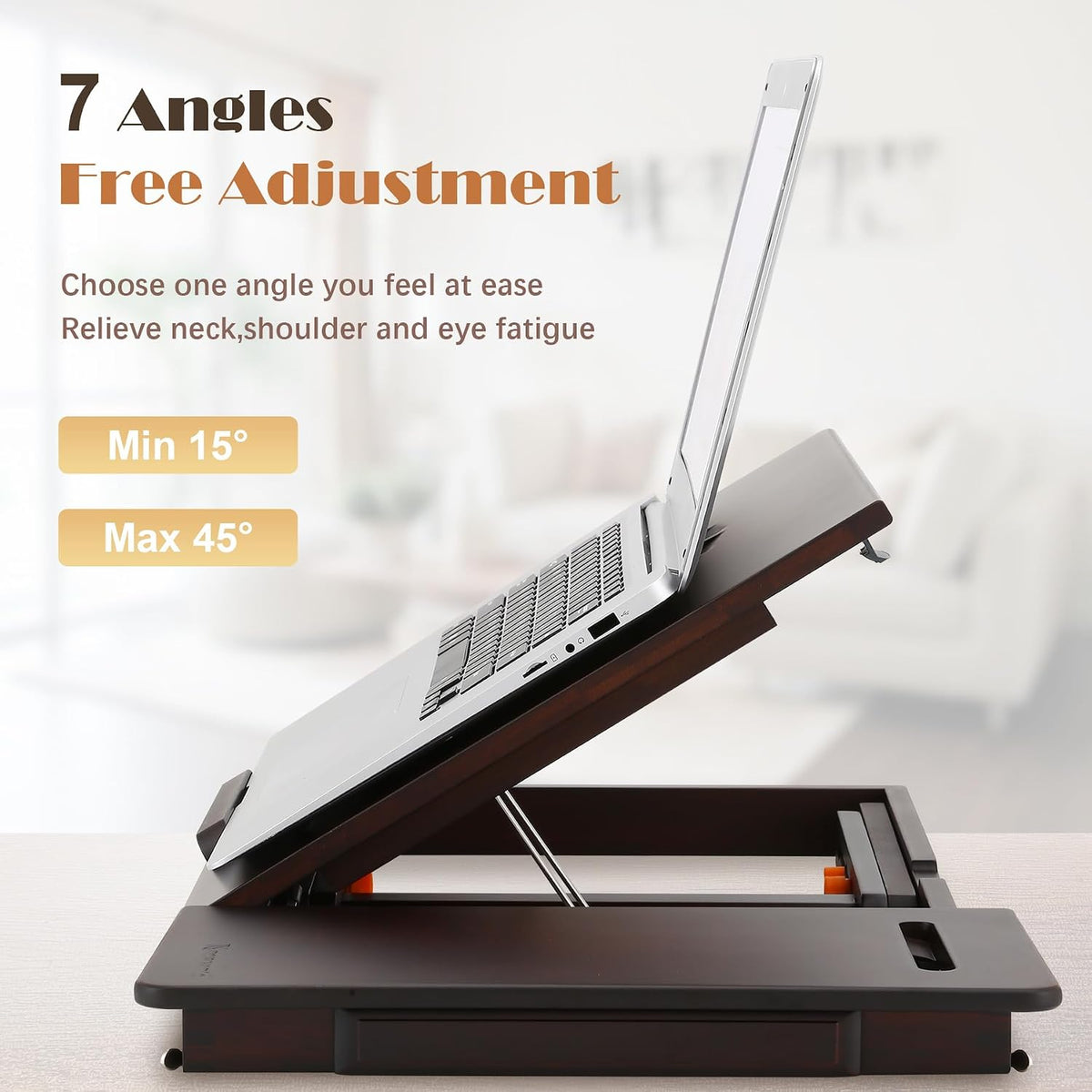 Nnewvante Laptop Desk with Fan 7 Angles & 4 Heights Adjustable,Black Walnut | Bamboo Foldable Lap Desk with Drawer, Phone Slot for Bed Floor