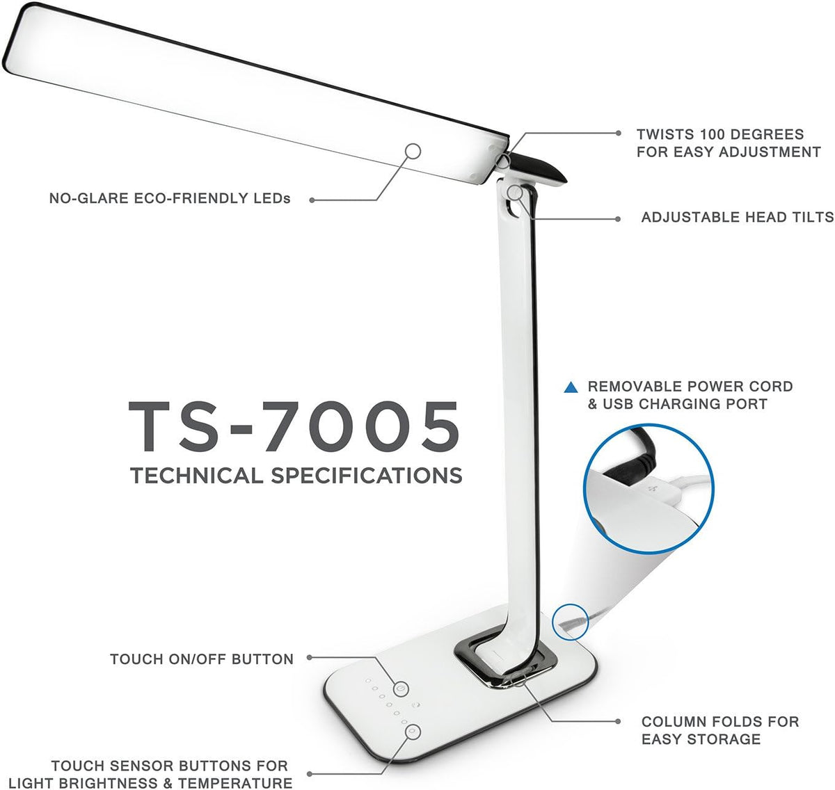 Turcom LED Desk Lamp With USB Charging Port Dimmable Touch Controls w/Color Adjustment, Eye Care Task Lamp, 5W, 1000 Lux,Multicolor