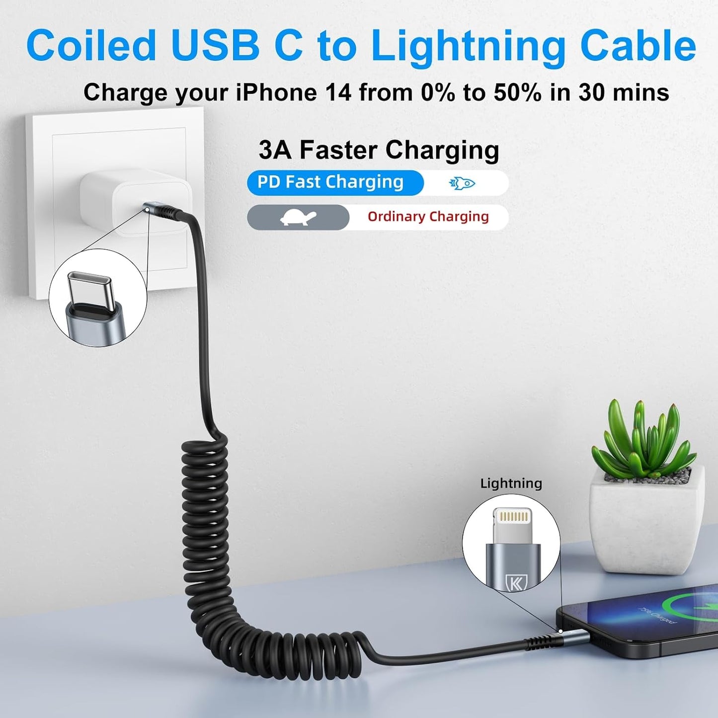 USB Type C to Lightning Cable 3FT 2Pack Coiled iPhone Charger Fast Charging | for Car Short USBC Lightning [Apple MFi Certified] iPhone Cord for iPhone14/13/12/11 Pro Max/iPad/CarPlay-Black