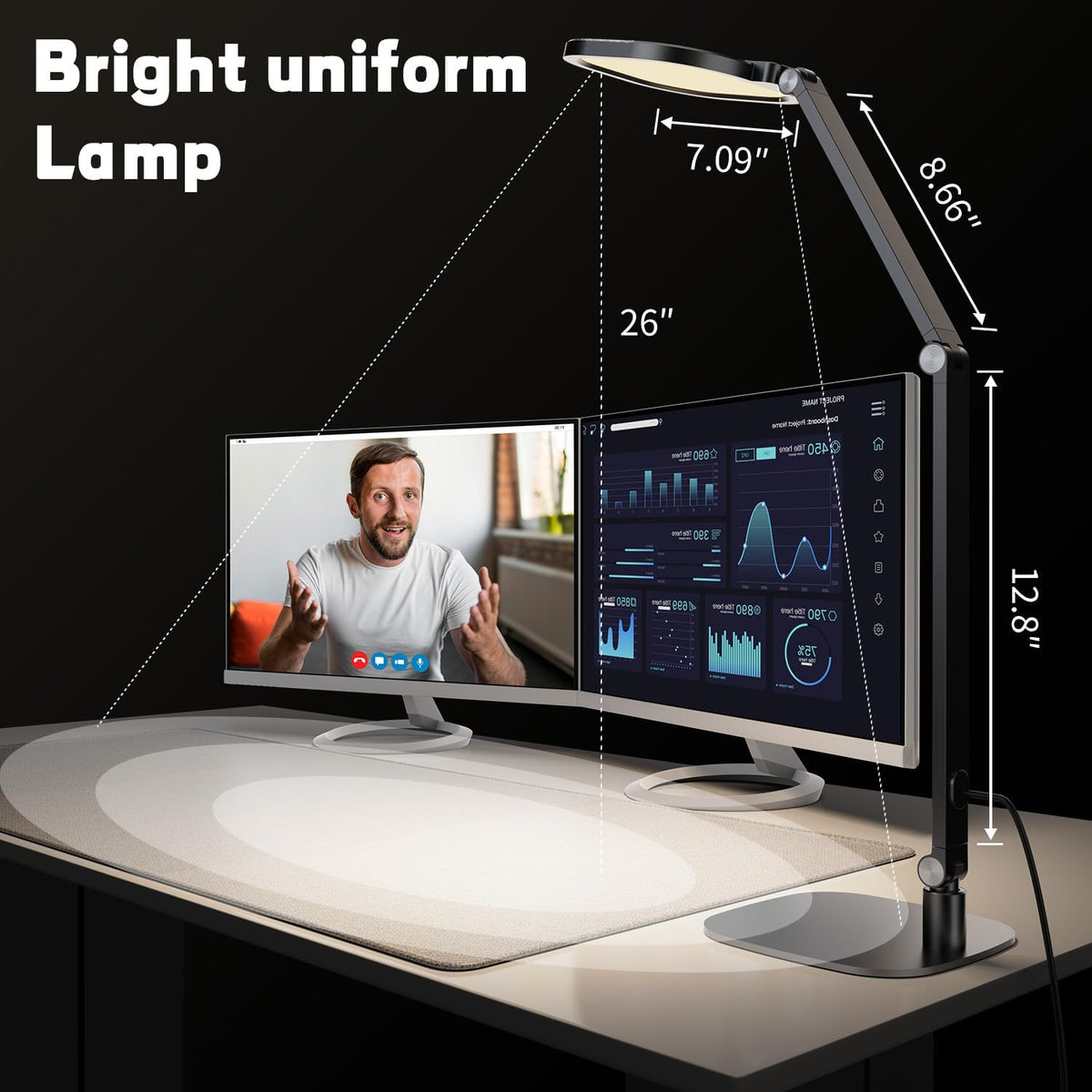 LitONES LED Desk Lamp for Home Office, Soft Edge-lit Design - Modern Style | Eye-Caring Diffused Light, Professional Computer Light for Reading, Crafts & Zoom, Dimmable with 30 Modes, Memory & Timer
