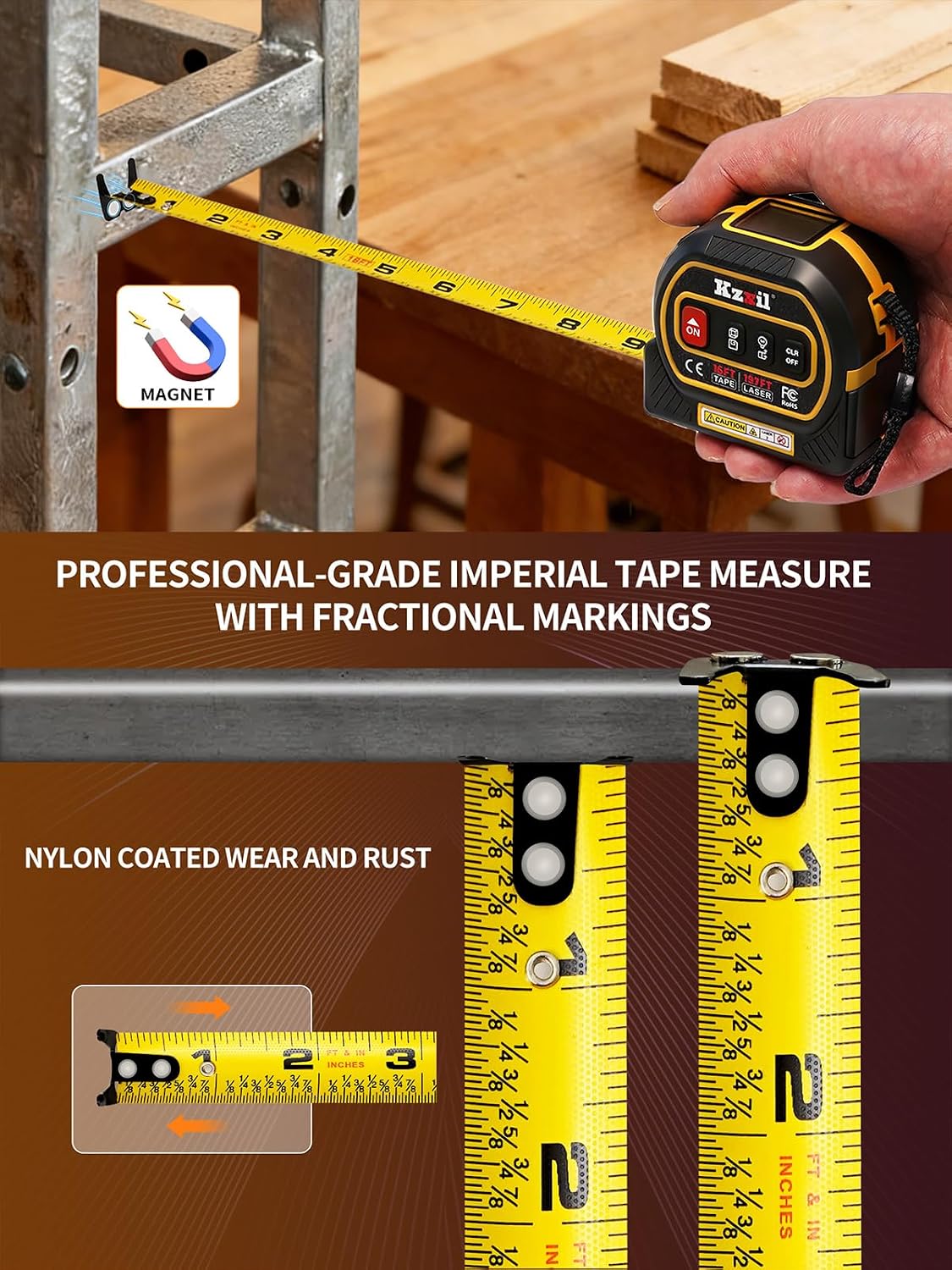 Laser Tape Measure 4-in-1 Tape Measure with Laser 196Ft/16Ft Fractional | Laser Measuring Tool with Backlit LCD, Magnetic Hook & Base - Area/Volume, for Woodworking & DIY