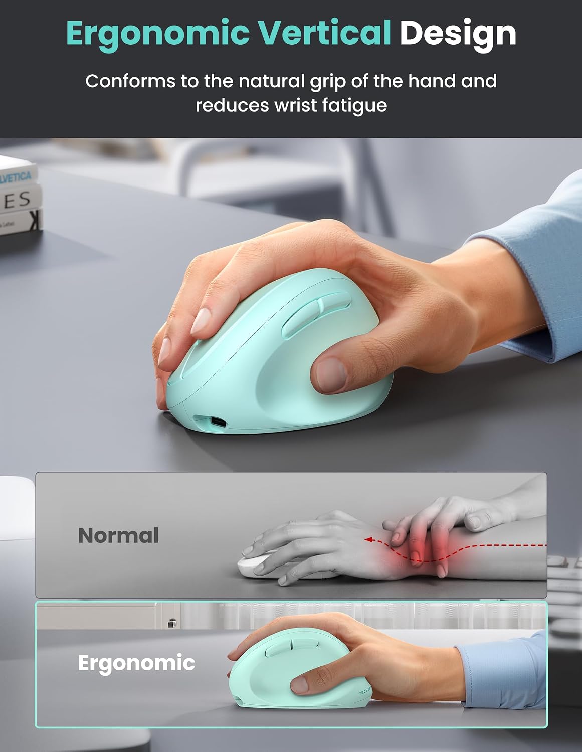 TECKNET Ergonomic Mouse, Bluetooth Wireless Vertical Mouse, Rechargeable Battery, Quiet Clicks, 4800 DPI Adjustable, BT5.0/3.0 & 2.4G Connect, Easy to use, Wide Compatibility