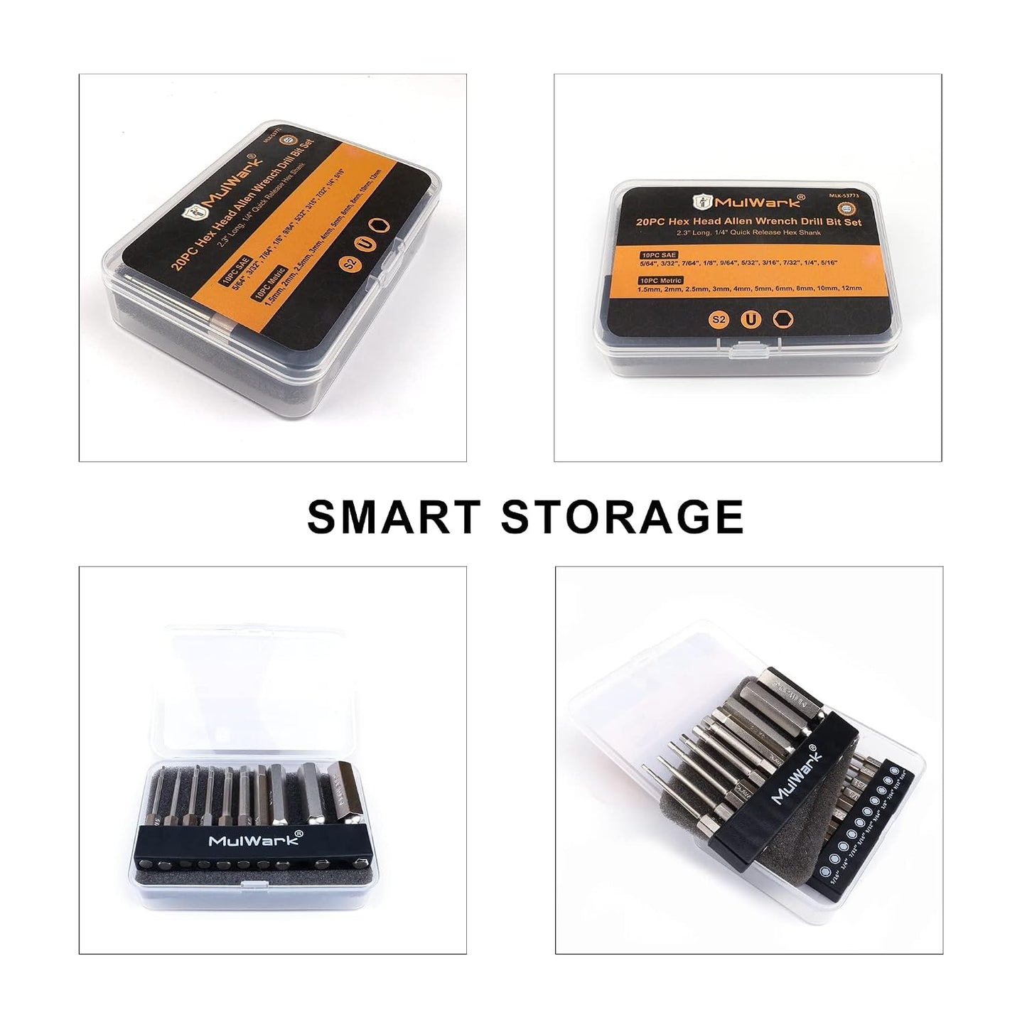 MulWark Hex Head Allen Wrench Drill Bit Set 20PC (10pc Metric & 10pc SAE), 2.3" Long 1/4" Diameter Quick Release Shank Magnetic Screwdriver Bit Set for Assembling Furniture