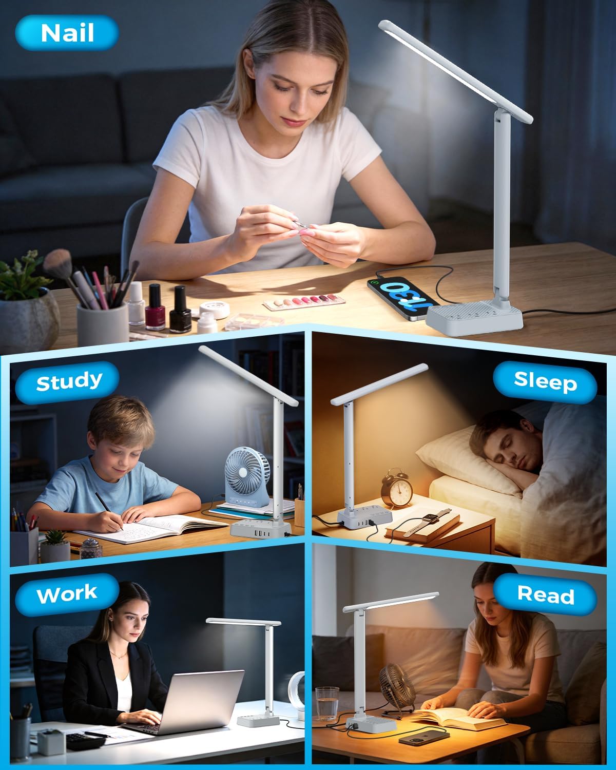 LED Desk Lamp with Power Strip, 3 AC Outlets, 4 USB Ports, Stepless Dimming