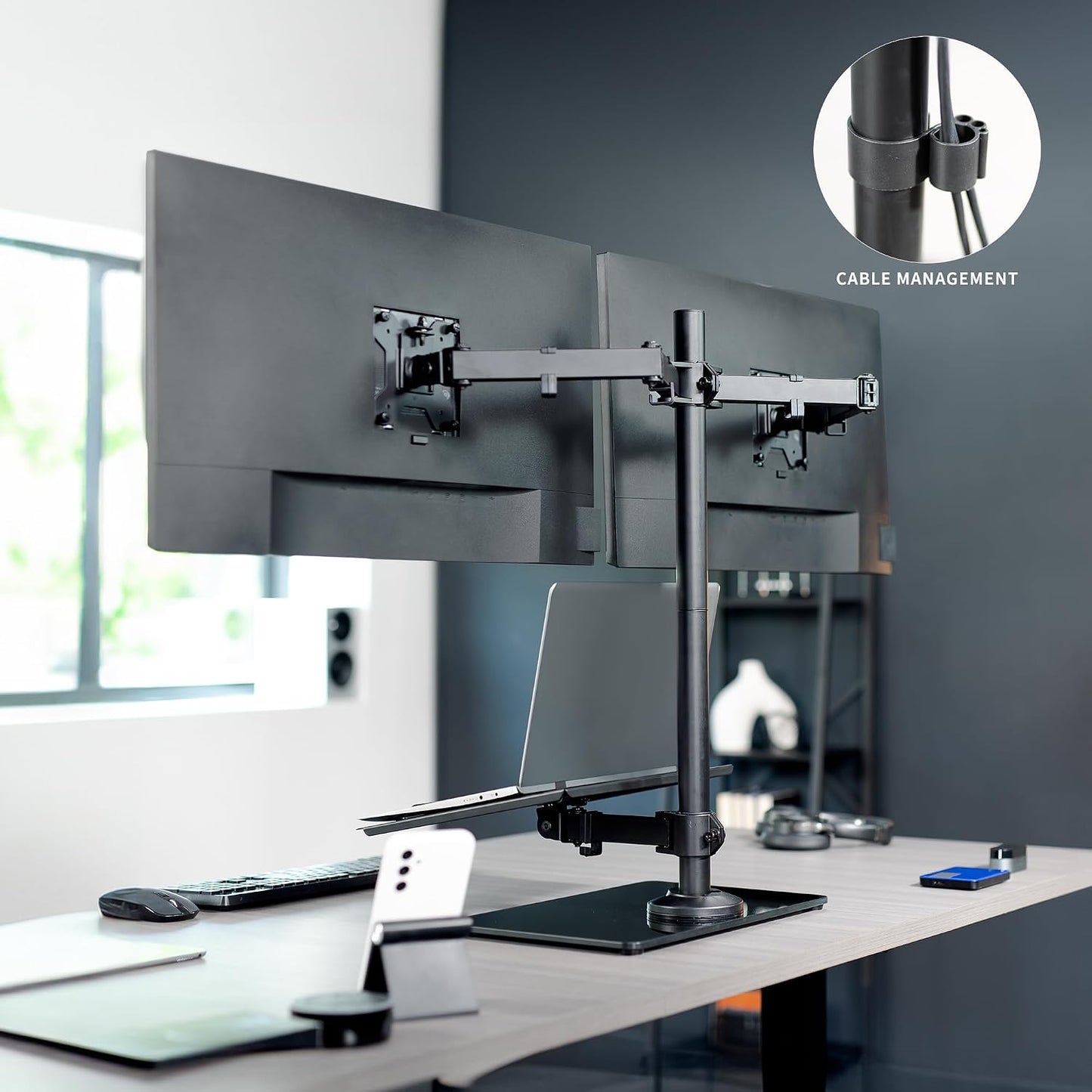 VIVO Freestanding Dual Computer Monitor and Laptop Combo Desk Stand with Glass Base, Fits up to 32 inch Monitors and 17 inch Laptops, Black, STAND-V003FGL